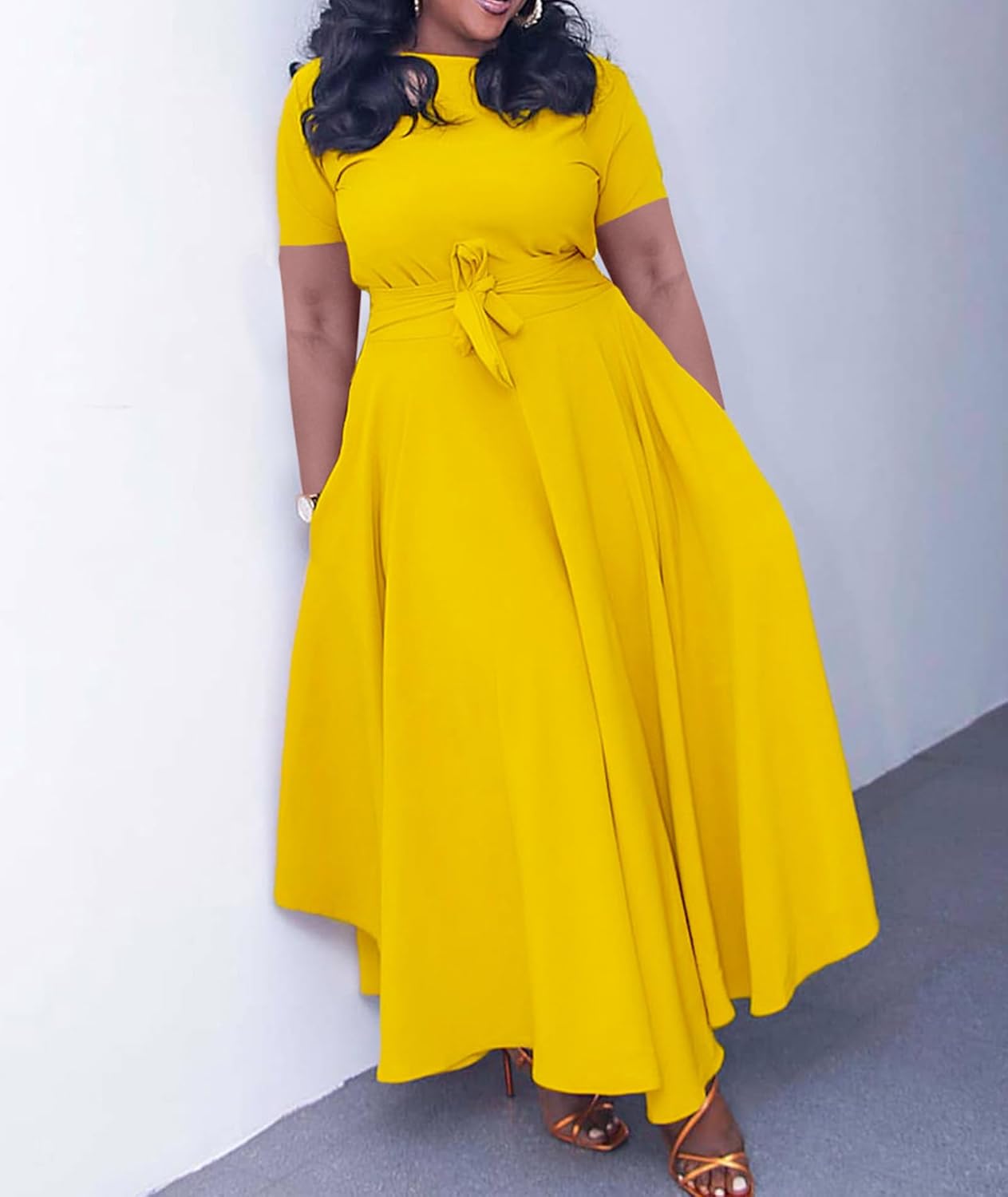 SEMATOMALA Women's A Line Self Tie Waist Maxi Dress Round Neck Long Sleeve High Waist Plus Size Swing Flare Long Dresses