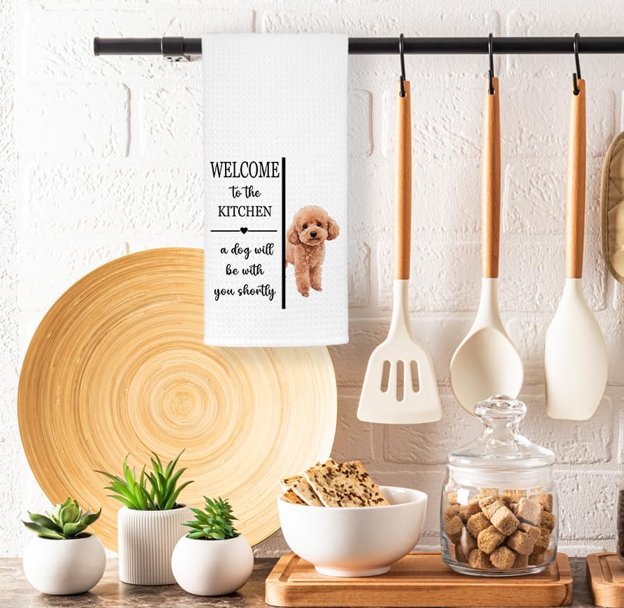 EXUQO Funny Kitchen Hand Towels Dishcloths for Dog Mom Dad Poodle Lover Gifts,Welcome to The Kitchen a Dog Will Be with You Shortly,16x24 inch - Image 3