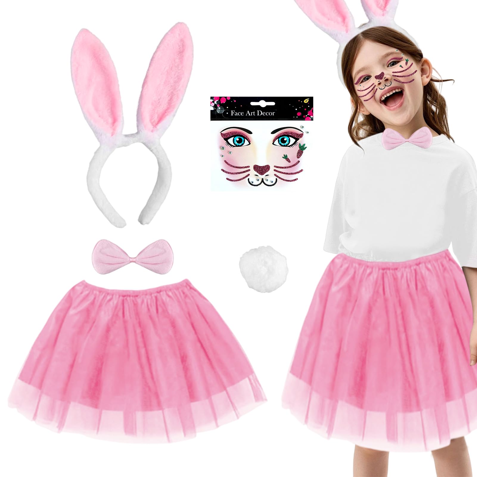 Bunny Costume Kids Girls, Rabbit Costume Set Toddlers Tutu Skirt with Bunny Ears Headband Tail Face Sticker Bow Tie Fancy Dress Up Outfits Girls for World Book Day Halloween Easter Cosplay