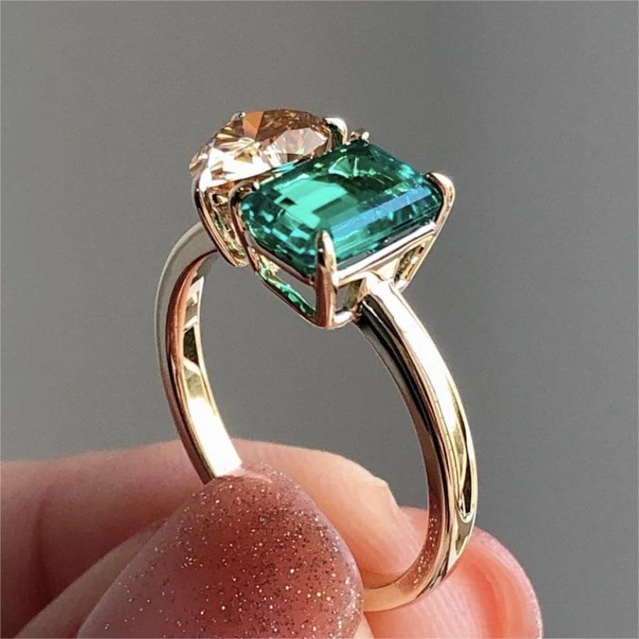 14K Gold Plated Women's Engagement Double Stone Ring Emerald and Pear Cut Champagne Eternal Cubic Zirconia Wedding Promise Ring （Size 10）3