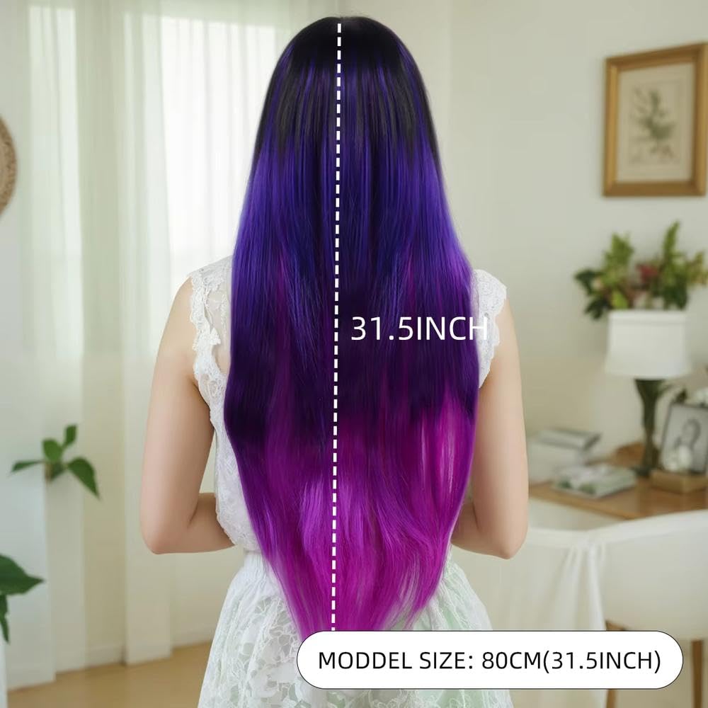 Haarpflege 80 Cm Lange Gerade Faserperücke Im Ombre-Stil In Schwarz Lila Mittelteil