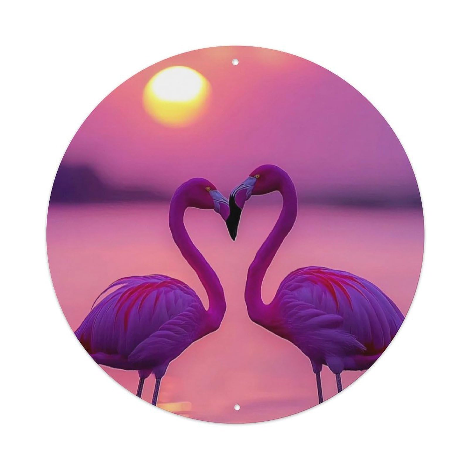 Animal Flamingo Heart Shape Sunset Reflection Pink Purple Sky Vintage Metal Tin Sign Plaque Wall Decor for Cafe, Club Bar, Office, Garden Metal Poster 8x8Inch