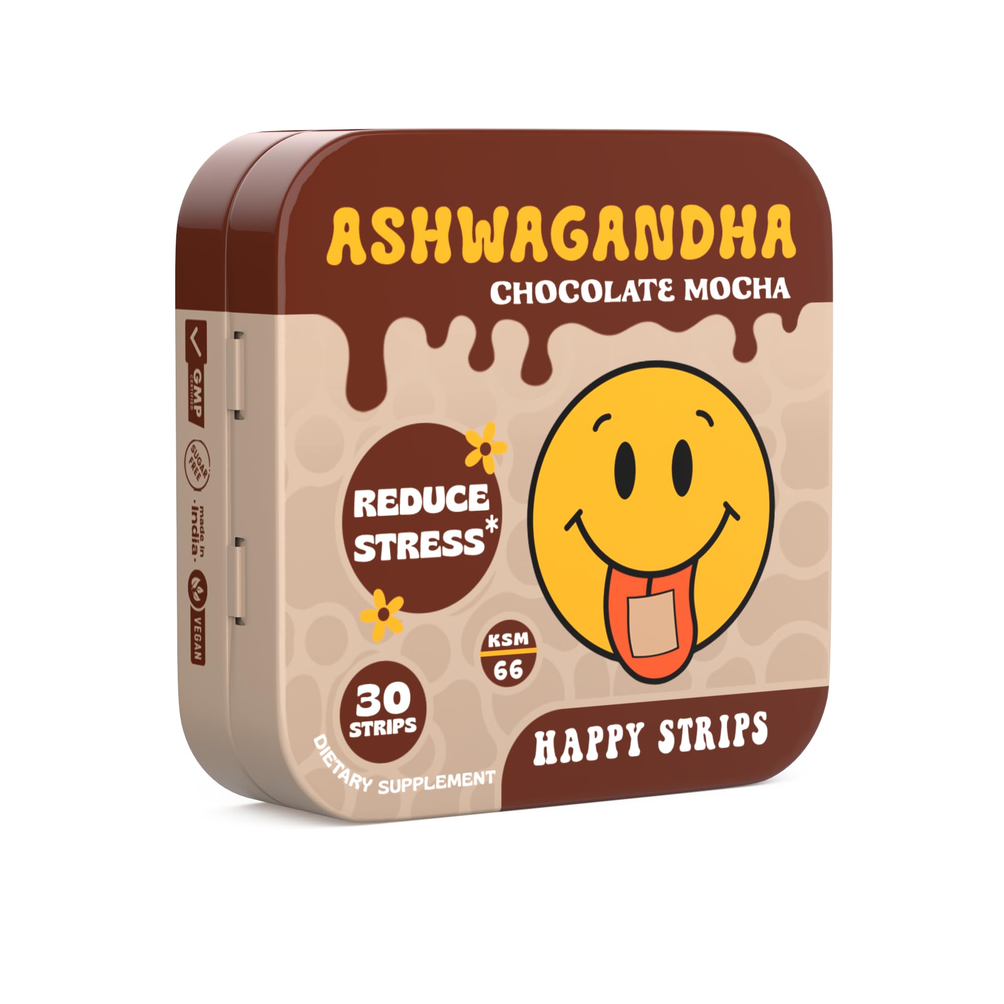 Happy Strips Organic Ashwagandha KSM 66 GABA for Stress Relief Calmness Sleep - Fast-Acting Rapid-Dissolving Chocolate Mocha Flavored