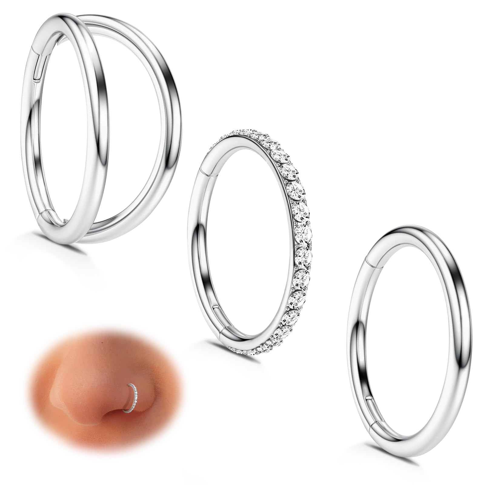 WBRWP Nose Rings Hoops for Women: 316L Surgical Steel Double Hoop Nose Rings Hinged CZ Septum Clicker Conch Cartilage Helix Rook Tragus Daith Earring