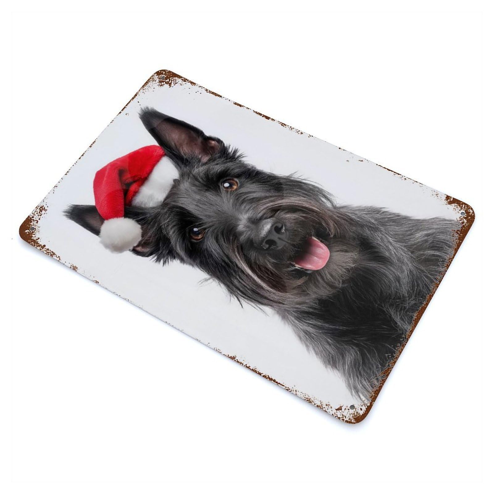 Scottish Terrier Dog with Santa Hat 11.8"x7.9" Aged Metal Wall Plaque, Retro Wall Decor for Farmhouse, Kitchen And Entryway Decor