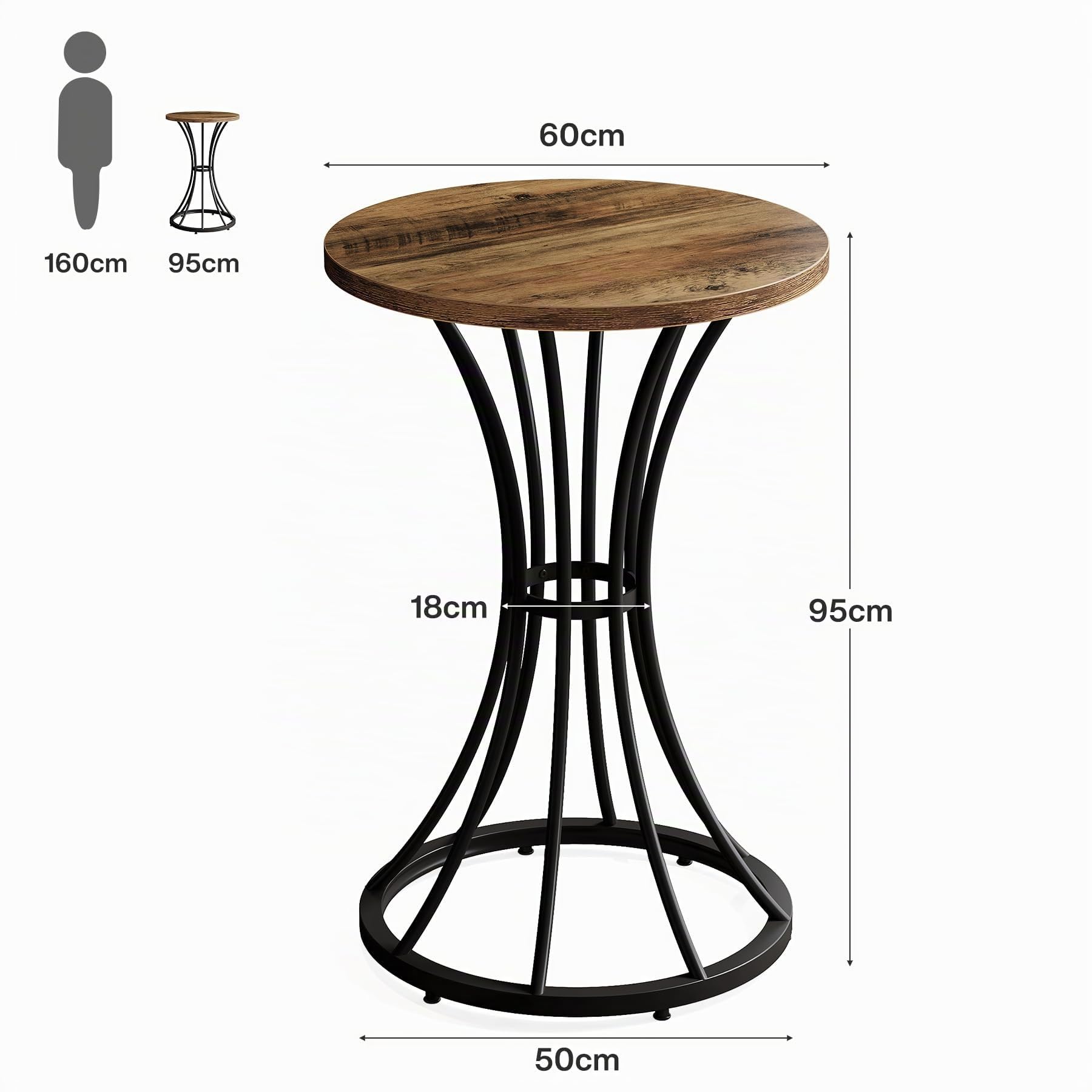 Tribesigns Runder Bartisch Stehtisch, 95 cm hoch, Holz-Bistro-Kneipentisch,Bistrotisch,Esstisch für 2 mit Metallsockel Tischplatte 60 x 60 cm, für Küche, Kaffee, Cocktail, braun (nur Tisch) (1)