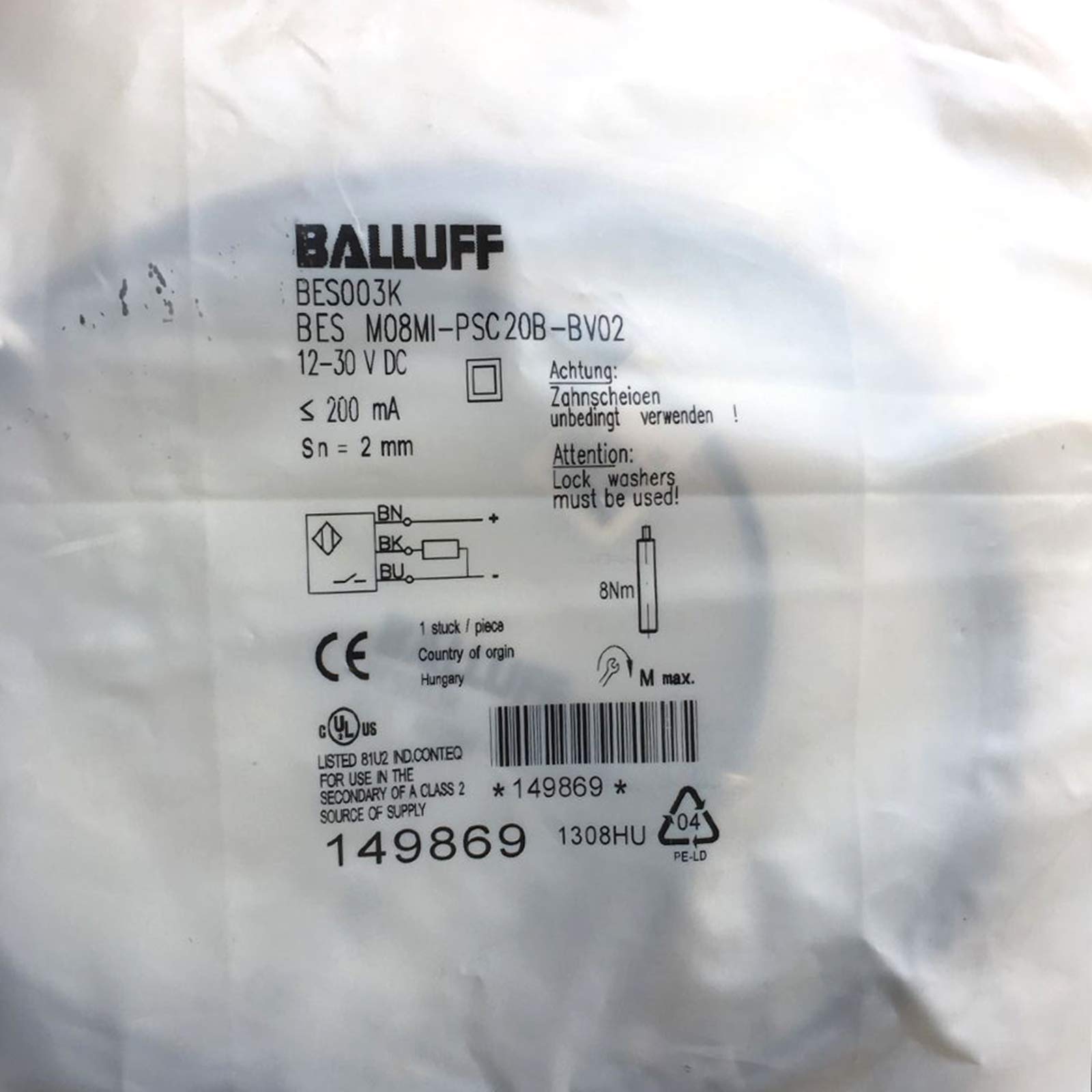 Carus Tool BALLUFF BES M08MI-PSC20B-BV02 ?BES003K? Inductive Standard Sensors PNP New