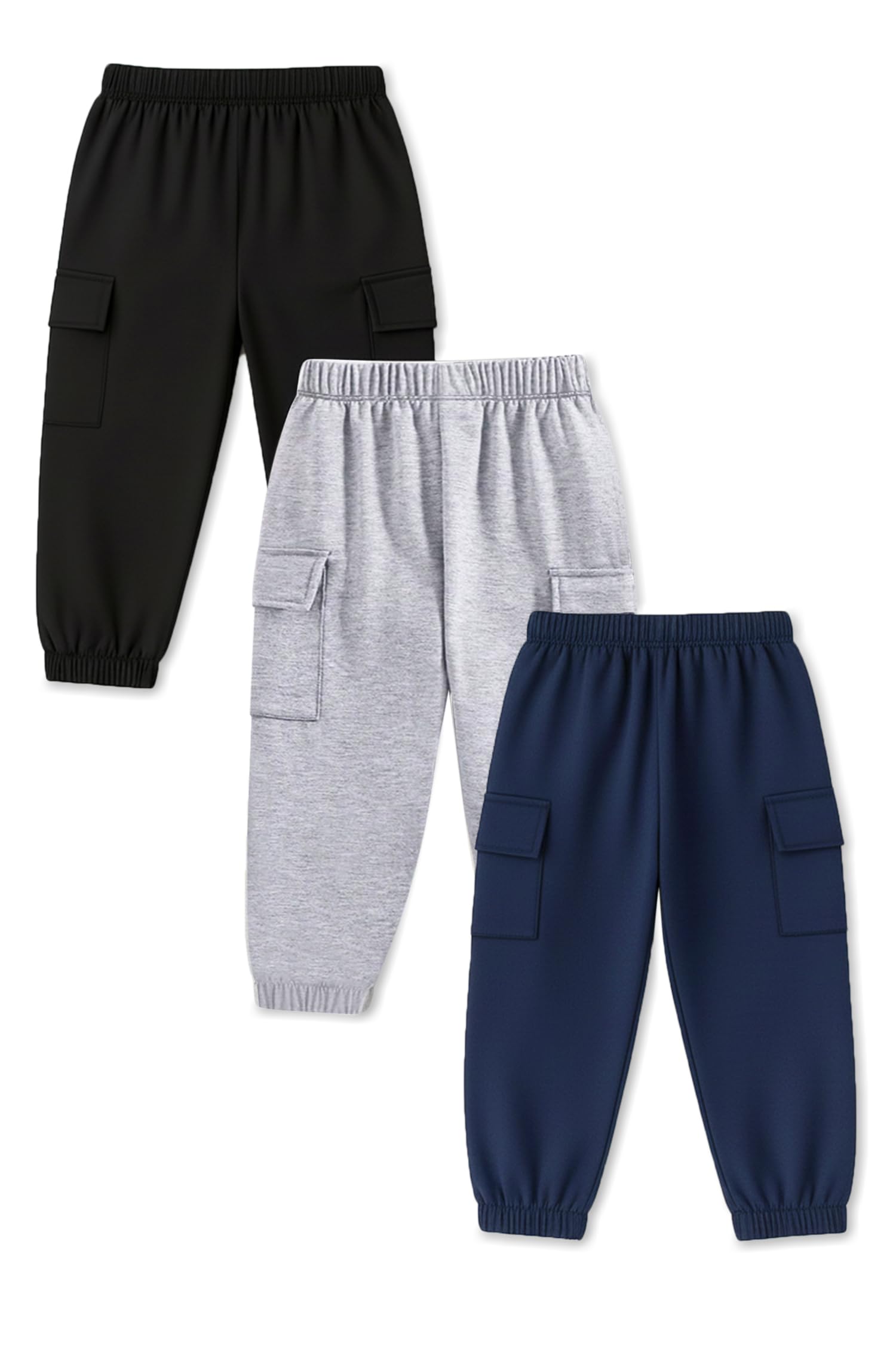 Kids Joggers Trackpants Pack of 3 - Black, Grey & Blue | Knit Cotton Blend Cargo Style Pants for Boys & Girls | Soft Elastic Waist Track Bottoms with Pockets | Comfy Everyday Activewear-image-46
