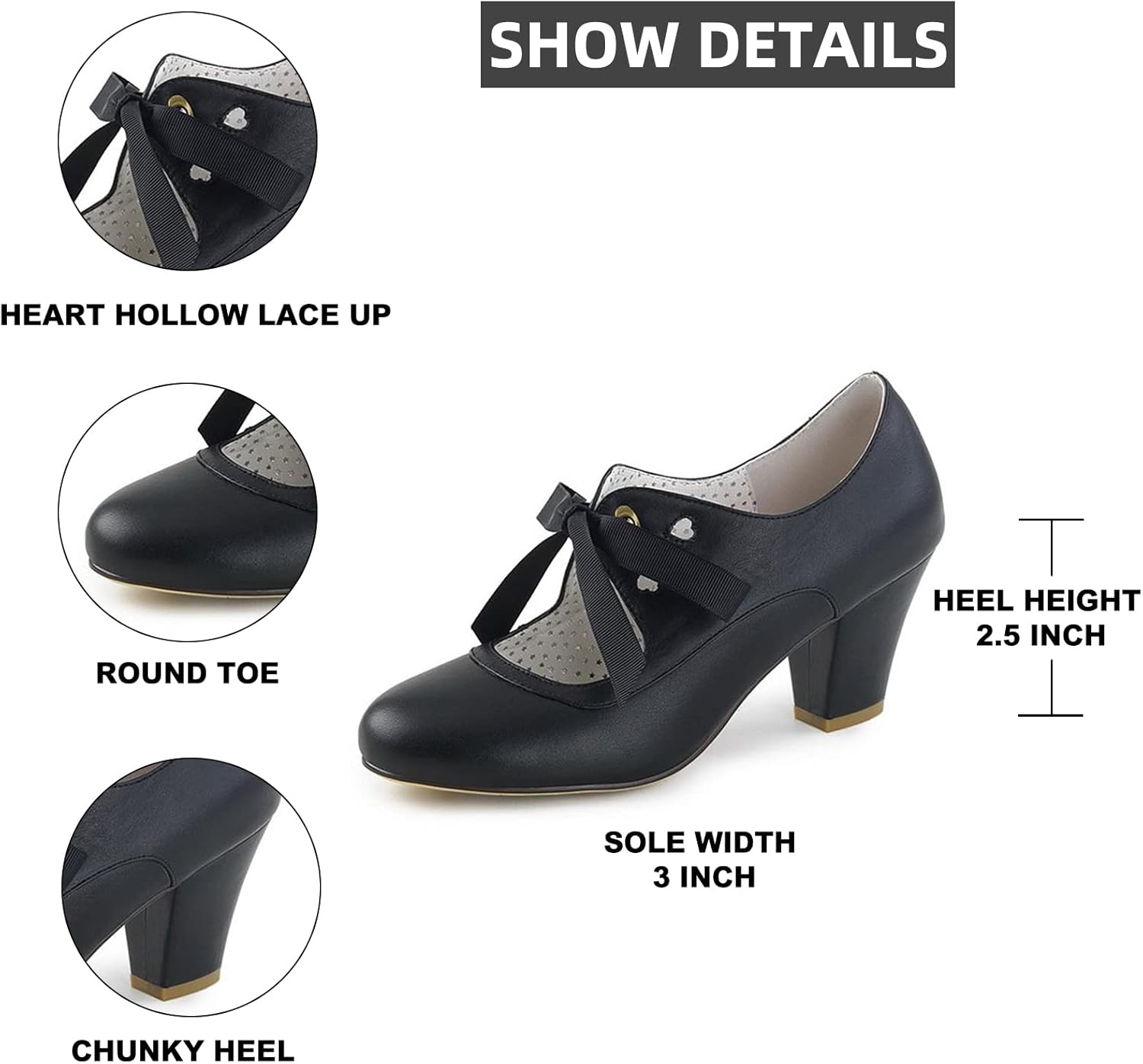 Erocalli Women's Mary Jane Pumps Chunky Block Shoes Heart Hollow Adorable Vintage Shoes Unique Round Toe Lace Up - Image 6