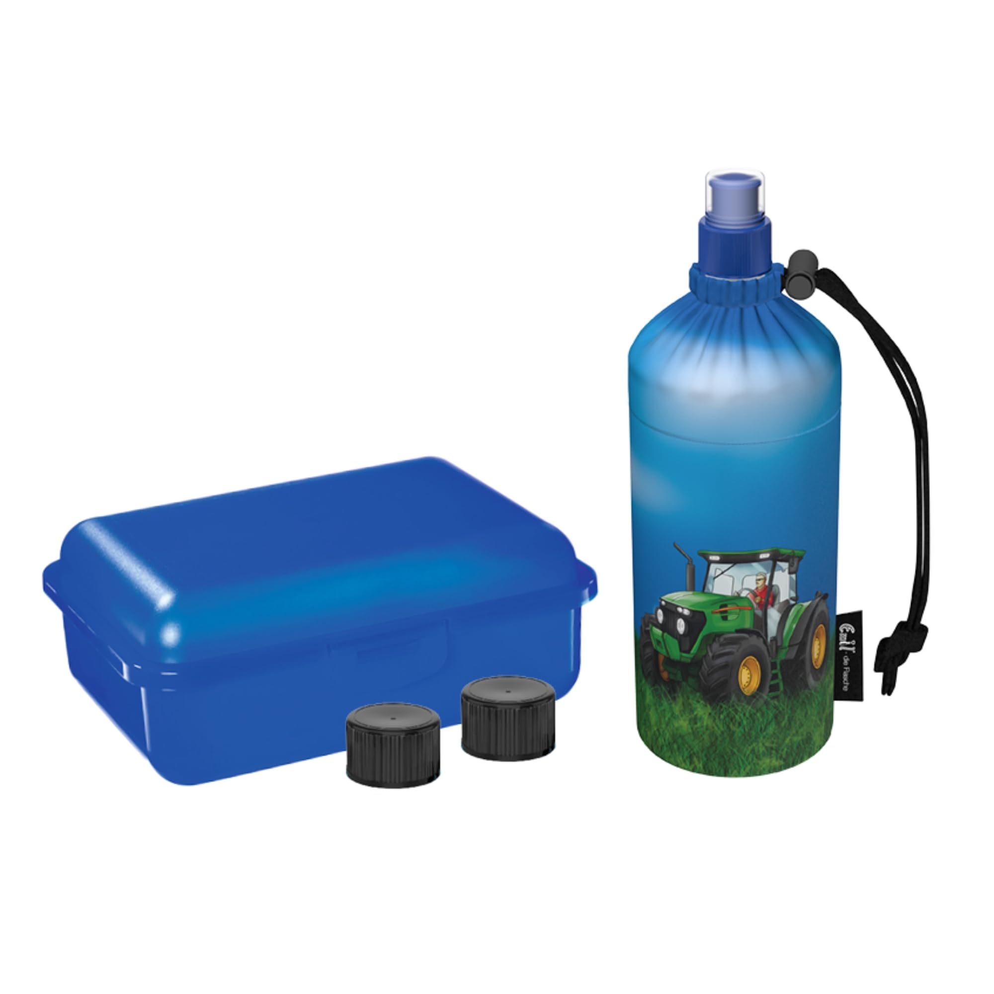 Emil Trinkflasche aus Glas inkl. Brotbox & Ersatzverschlüsse – Starterset zur Einschulung - BPA-frei & schadstofffrei, isolierend – Ziehverschluss für Wasser, Saft & Milch – Traktor (0,4l)
