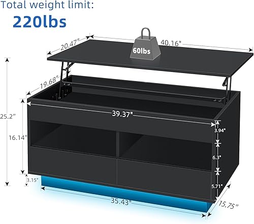 Miniatura 20 de HOMMPA Morden - Mesa de centro elevable de 40 pulgadas con almacenamiento, mesa de centro LED de alto brillo, mesa de té moderna de 3 niveles con
