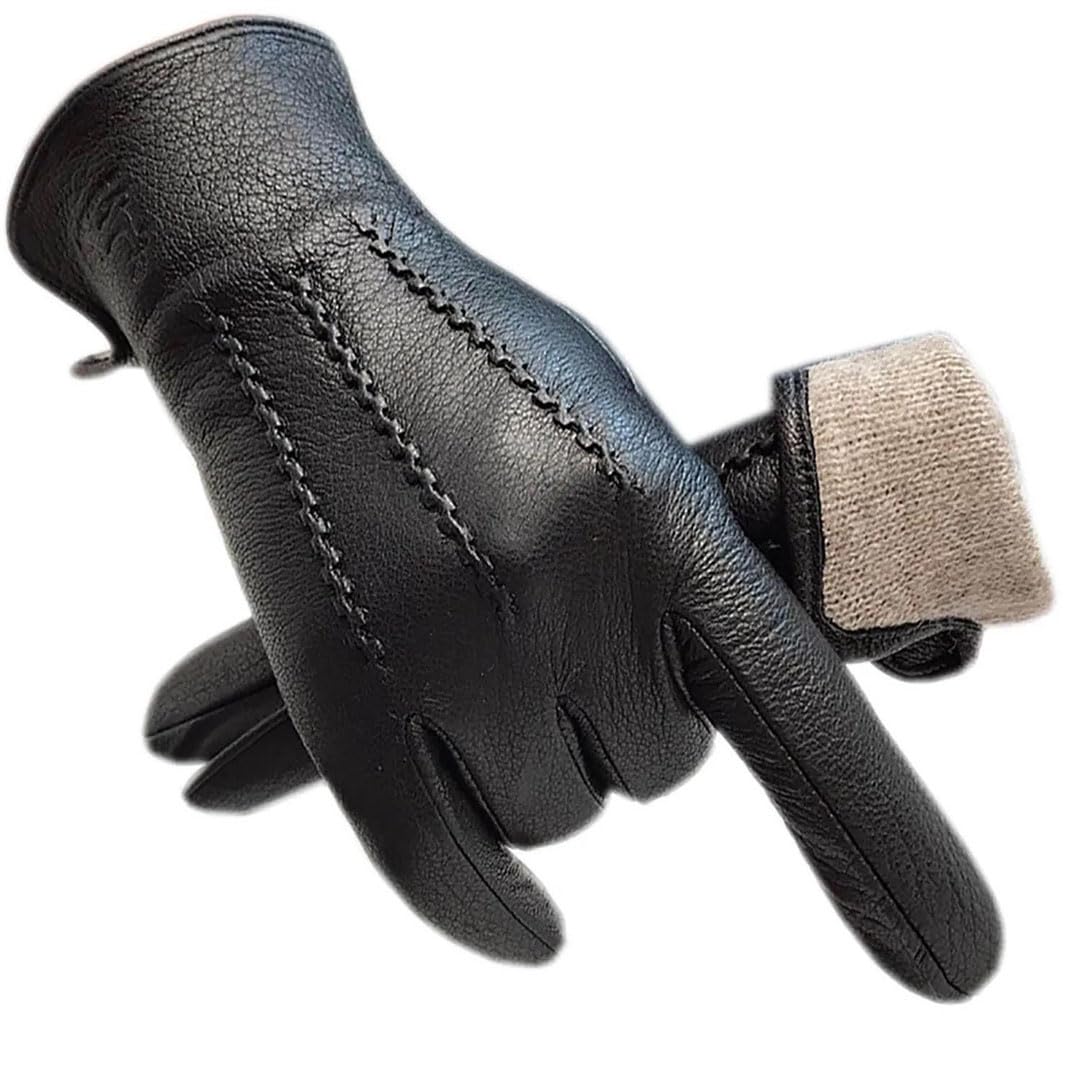 Guanti invernali da uomo in pelle di daino da donna Guanti da polso in vera pelle di daino Fodera in lana Macchina da cucire Caldo Guida Equitazione Col Nero 11, Nero , 45,5 EU