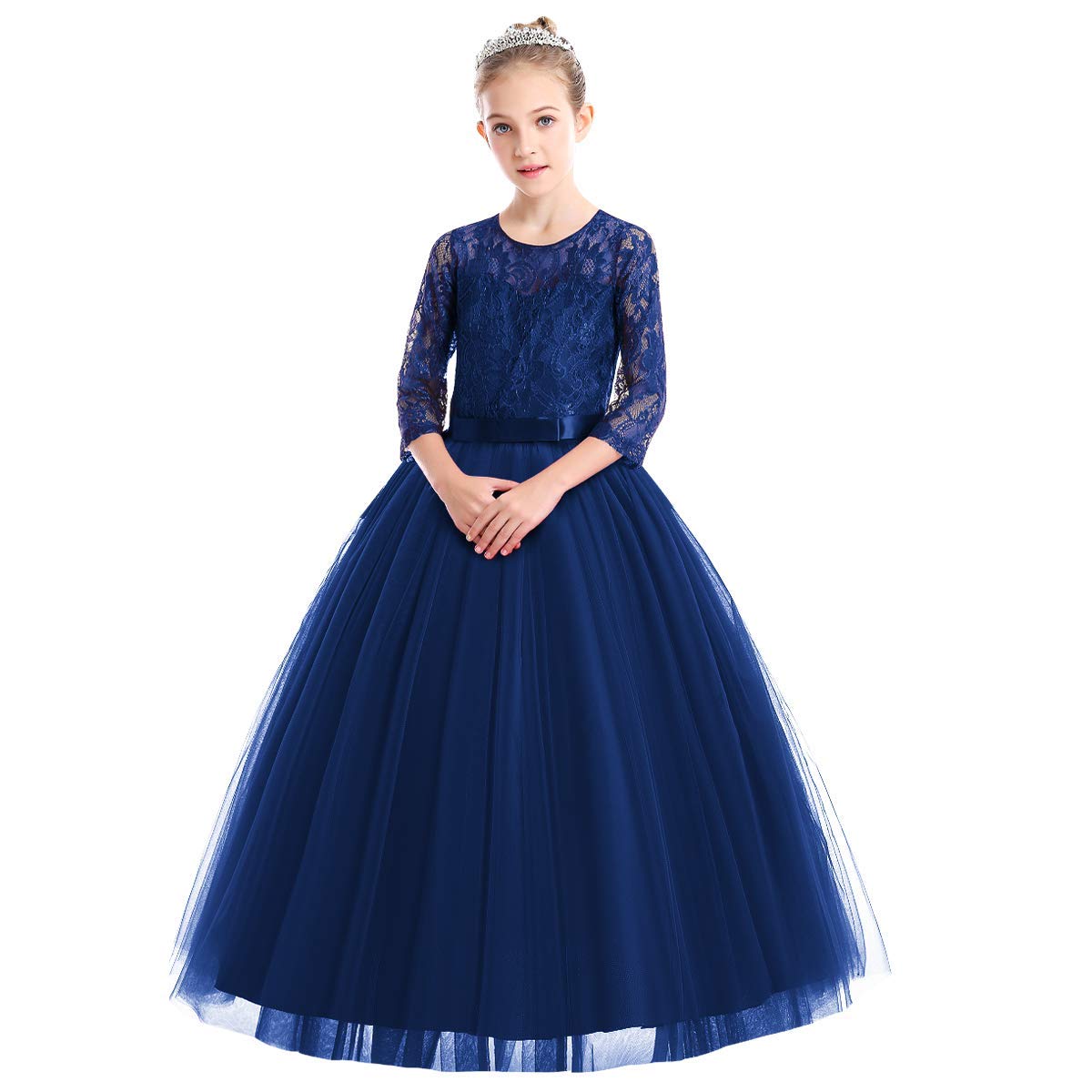 ABEHIK Mädchen Blumenmädchen Hochzeit Spitze Tütükleid Prinzessinkleid Sieben-Viertel-Ärmel Florale Abendkleid für Kinder Festliches Tüll Partykleid Maxikleid