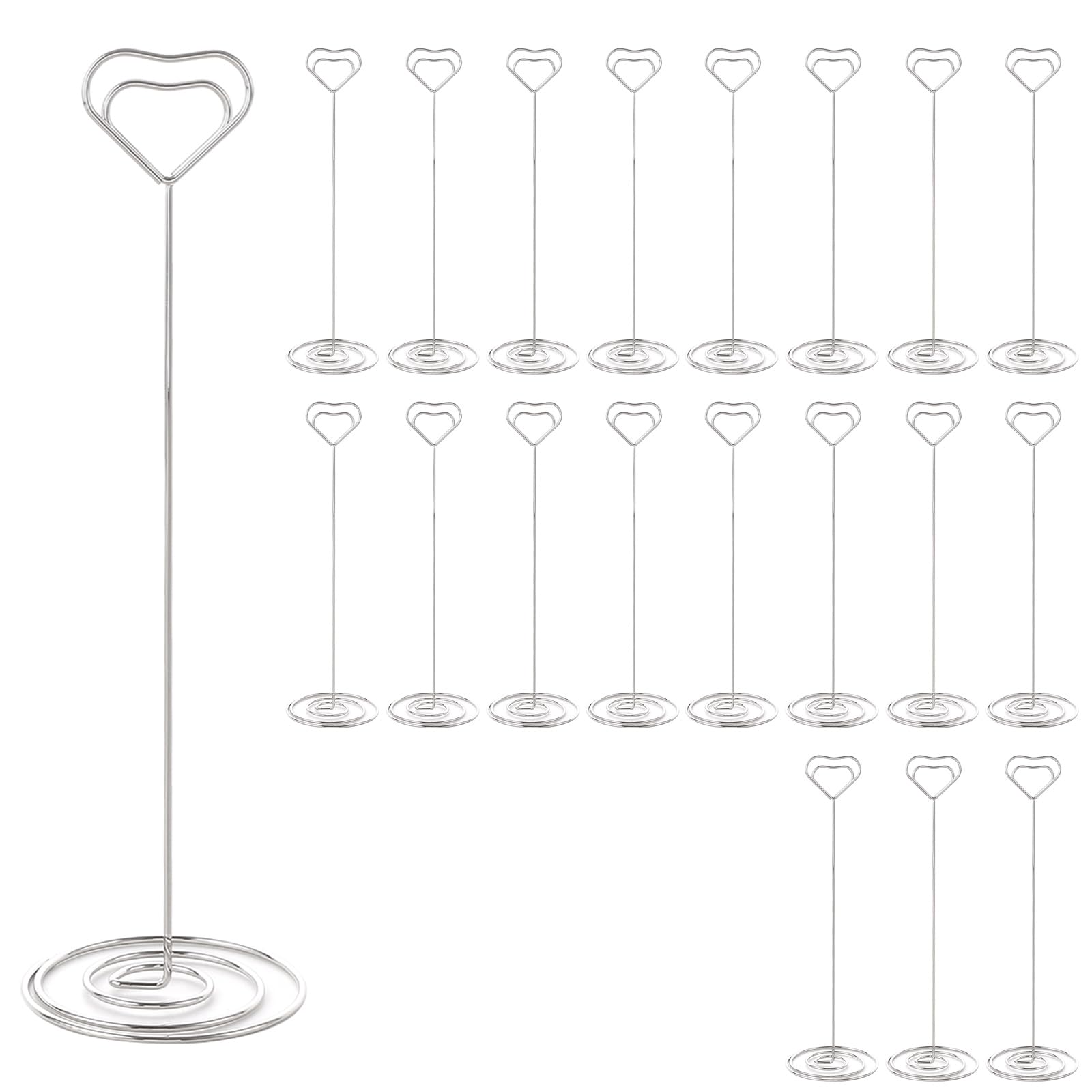 Ghligna 20 Pack Table Number Holders, 22cm Card Stand Place Card Holders for Wedding, Love Heart Photo Holders & Table Number Stands for Menu, Name Cards, Party Decoration (Silver)