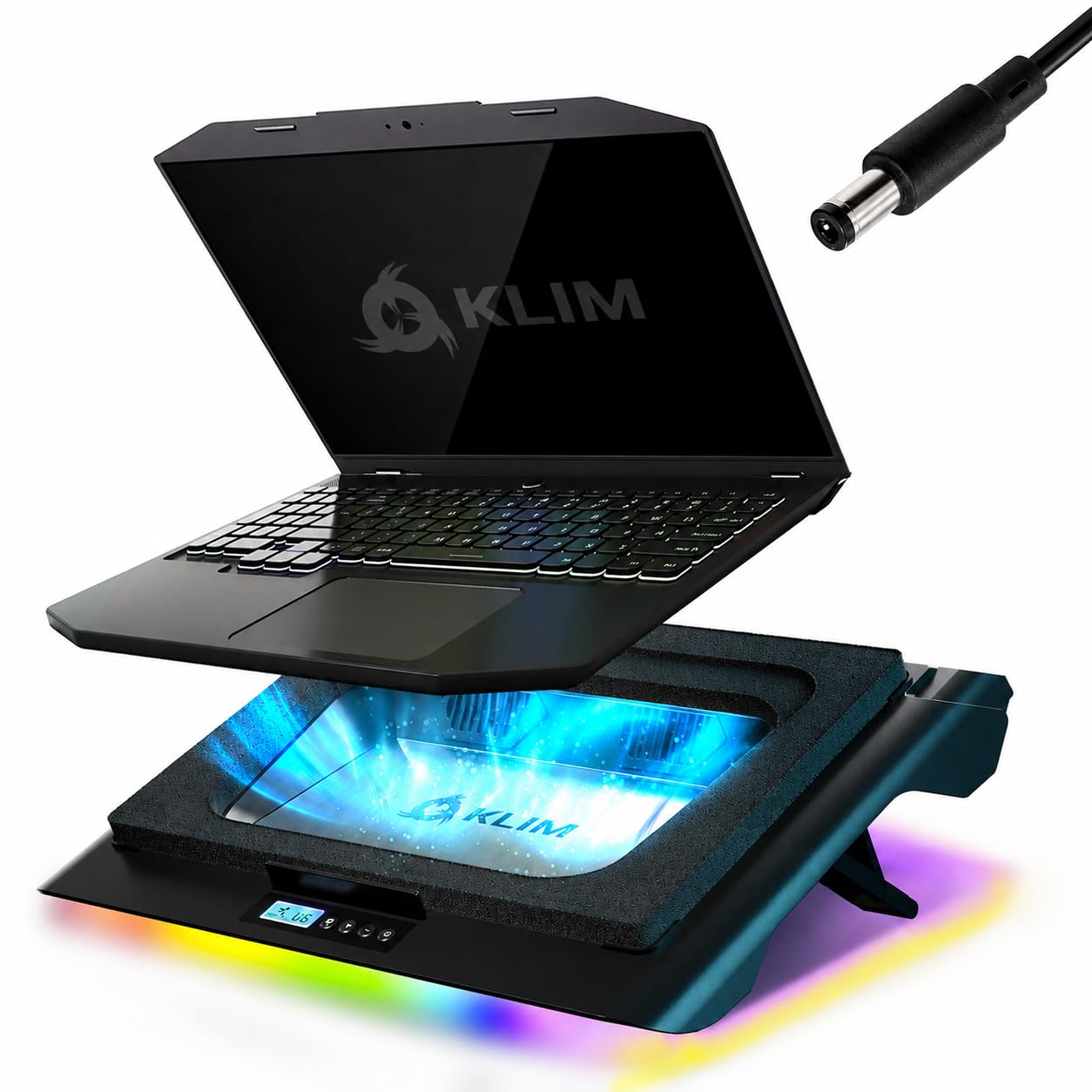 KLIM Everest Plus Base Raffreddamento Ventole PC Portatile Gaming 6300 RPM | Base raffreddamento PC DC con due ventole turbo, luci RGB, schiuma sigillata - raffredda veloce. Per portatili 11-17,3 poll.