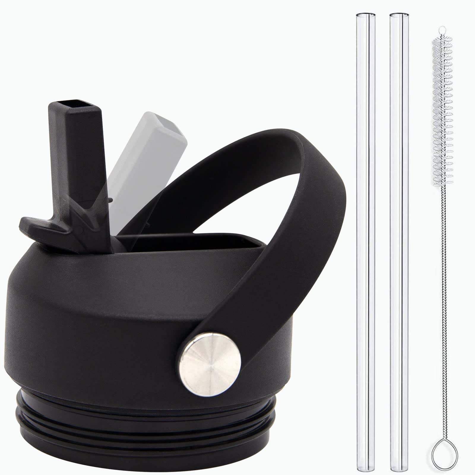 GrliTra Straw Lid for Yeti Rambler Bottle, Fits 18/26/36/64 oz, Flexible Handle Straw Cap with 2 Straws and 1 Brush, BPA Free, Polypropylene, Accessory, Water Bottle Lid, 4 Pieces