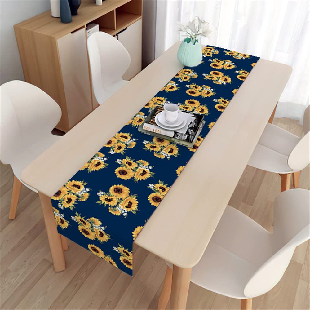 Highdi Navy Blue 3D Table Runners Sunflower Summer Table Runner Easy Care Tablerunner Decorative Cloth For Party, Banquet, Restaurant & Outdoors (33X200cm,)