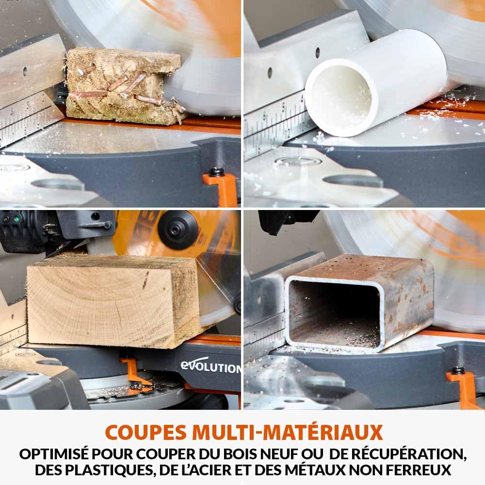 Evolution Power Tools R255SMS-DB-Li Scie à onglets coulissante sans balais à double biseau sans fil Li-Ion EXT lame multi-matériaux, coupe le bois le métal le plastique 255 mm - Batteries non incluses