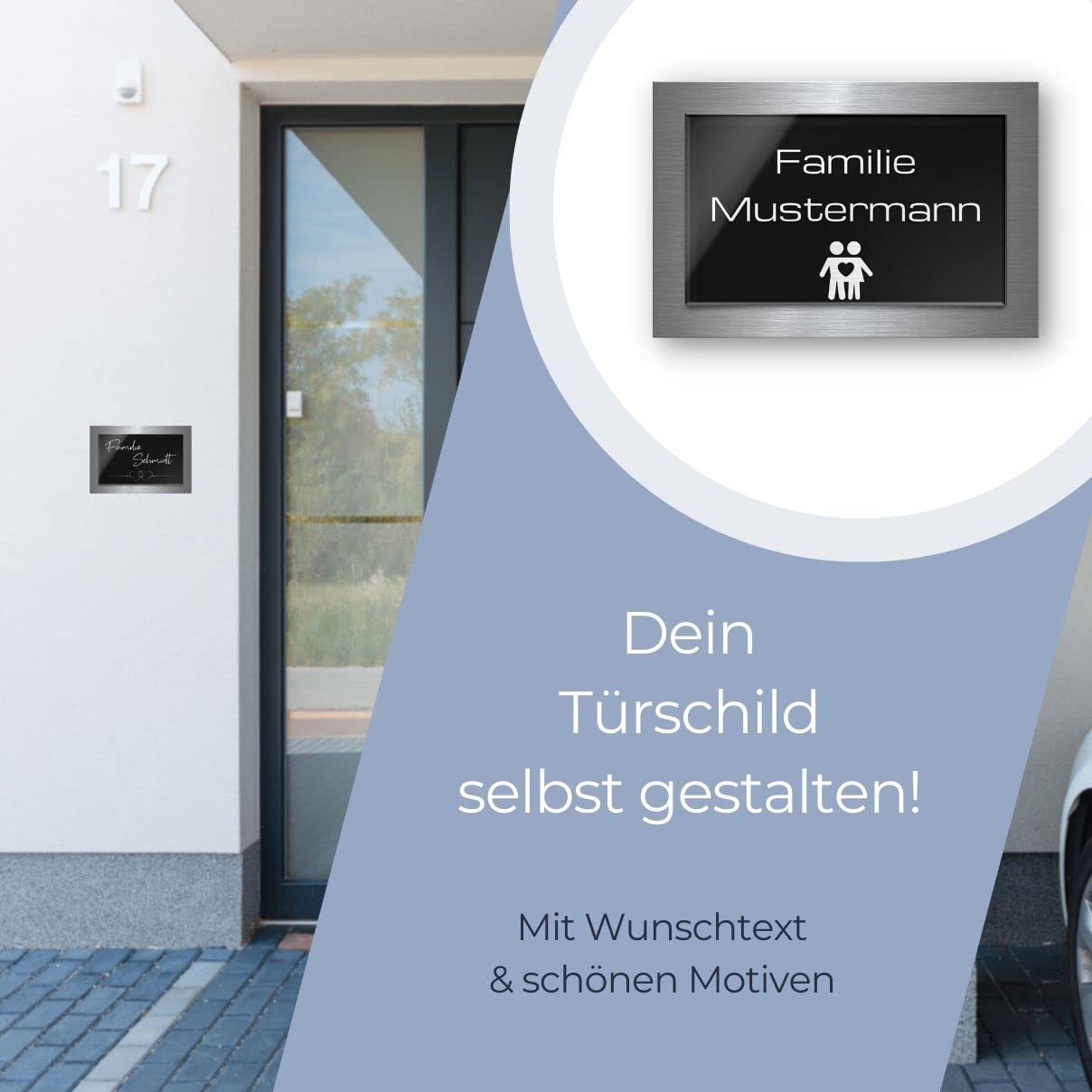 Premium Türschild aus Hochglanz Acrylglas und V2A Edelstahl | Namensschilder mit Gravur und Motiven Familienschild Türschilder für die Haustür mit Namen selbstklebend oder mit Bolzen 30x20 cm
