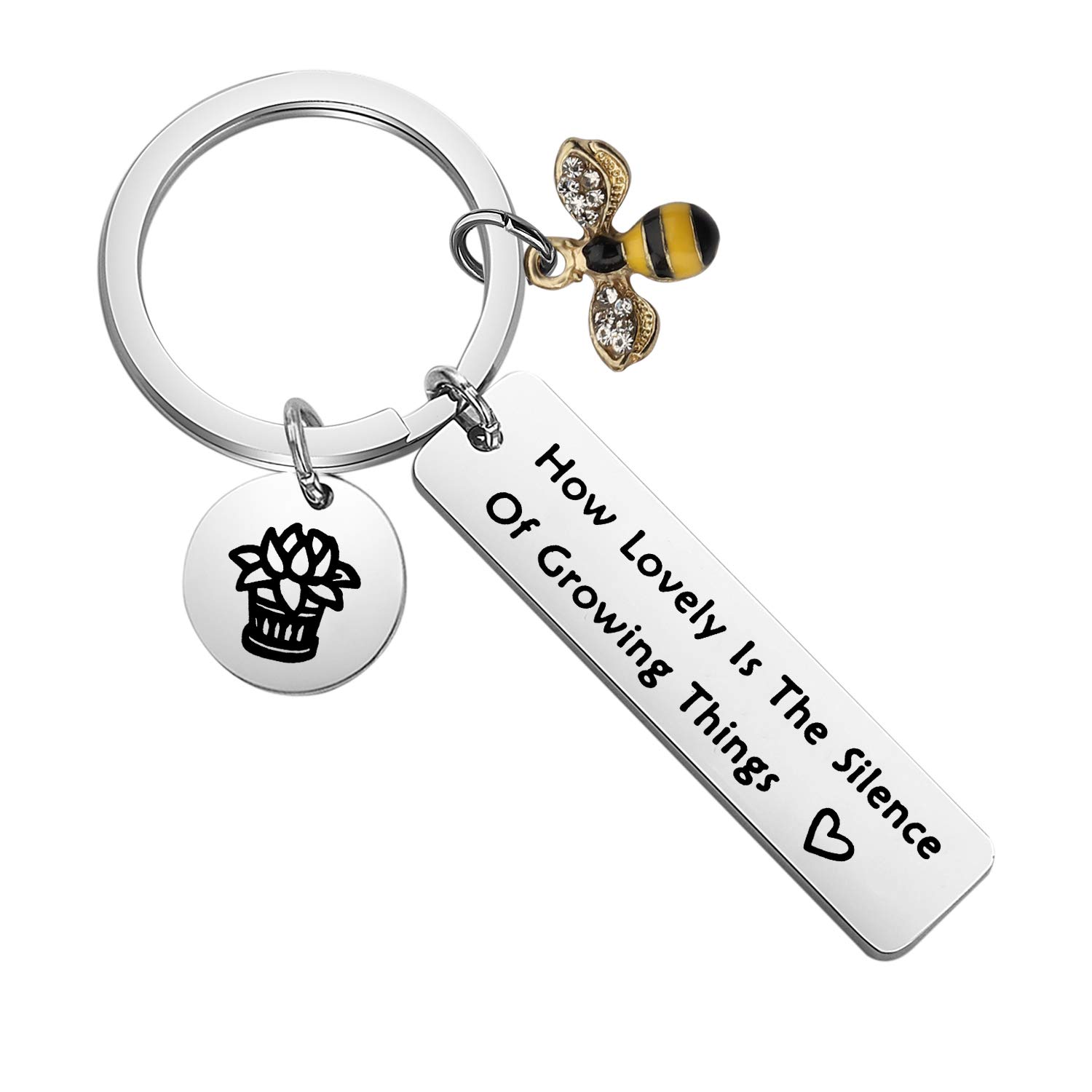 BEKECH Gardener Gift Plant Lover Gift How Lovely is The Silence of Growing Things Plant Keychain with Honey Bee Charm Potted Plant Charm Gardening Jewelry (Silver)