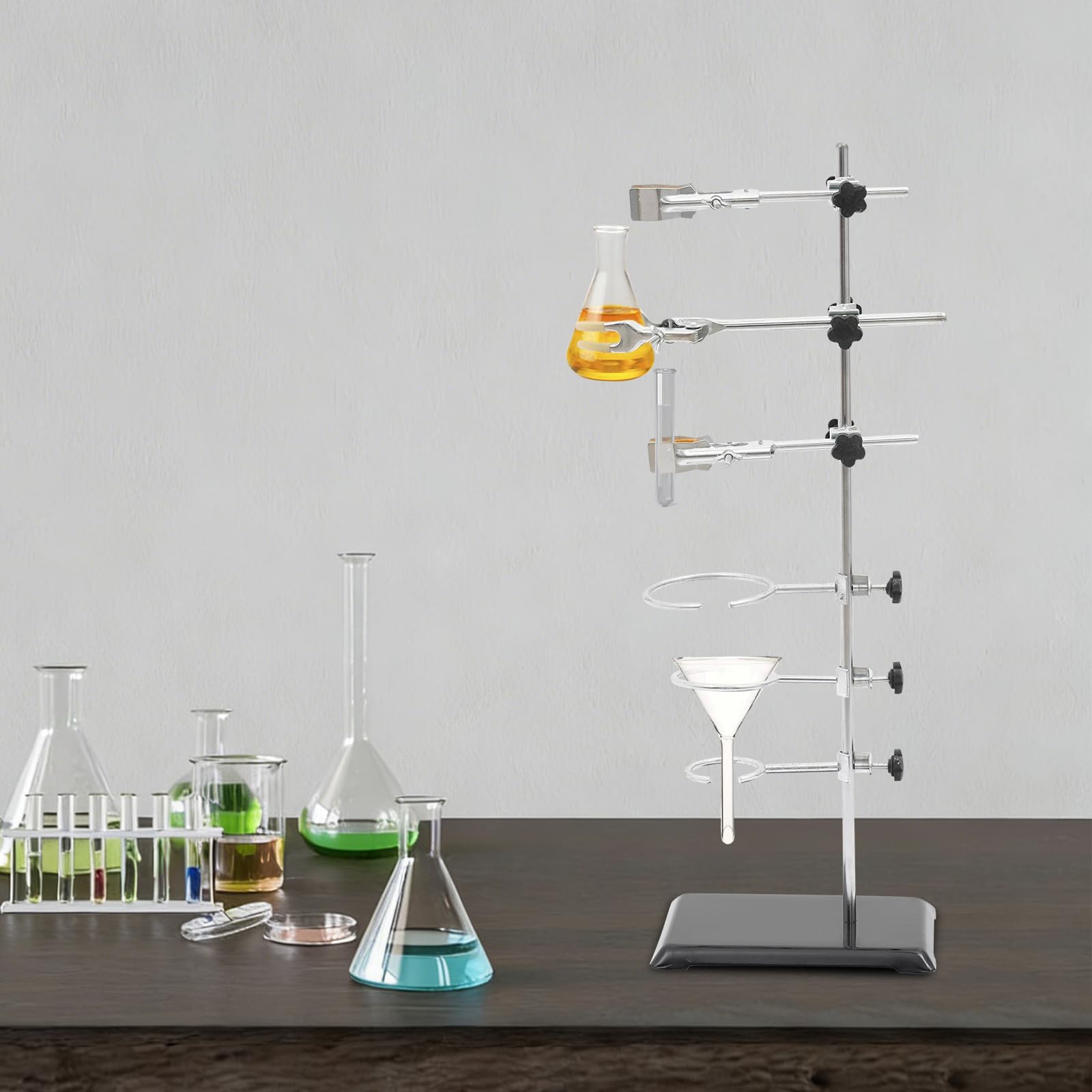 Set di cavalletti da laboratorio con base, 60 cm, in ferro, con 3 morsetti a pistone, 3 morsetti ad anello da 6/8/10 cm e 3 morsetti a croce per chimica e fisica
