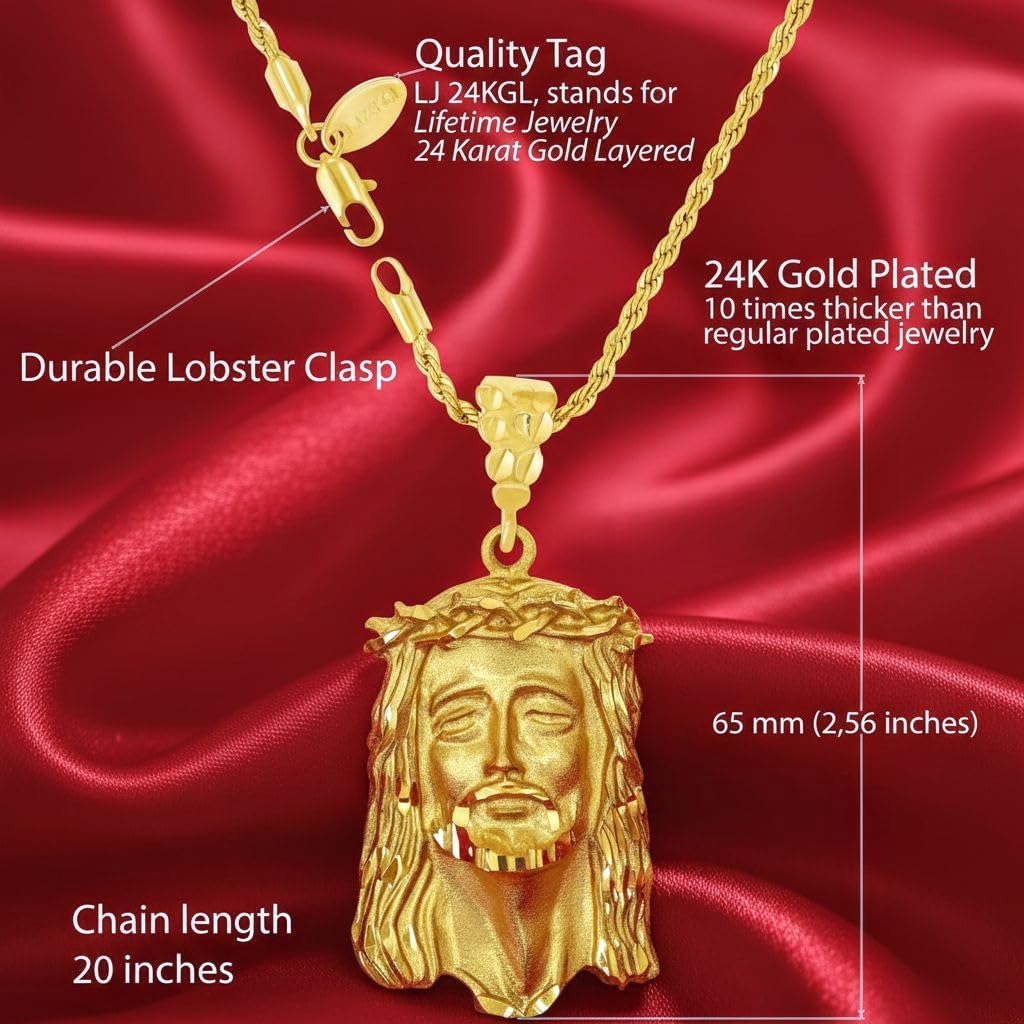 LIFETIME JEWELRY Face of Christ Pendant Necklace for Women & Men 24k Real Gold Plated