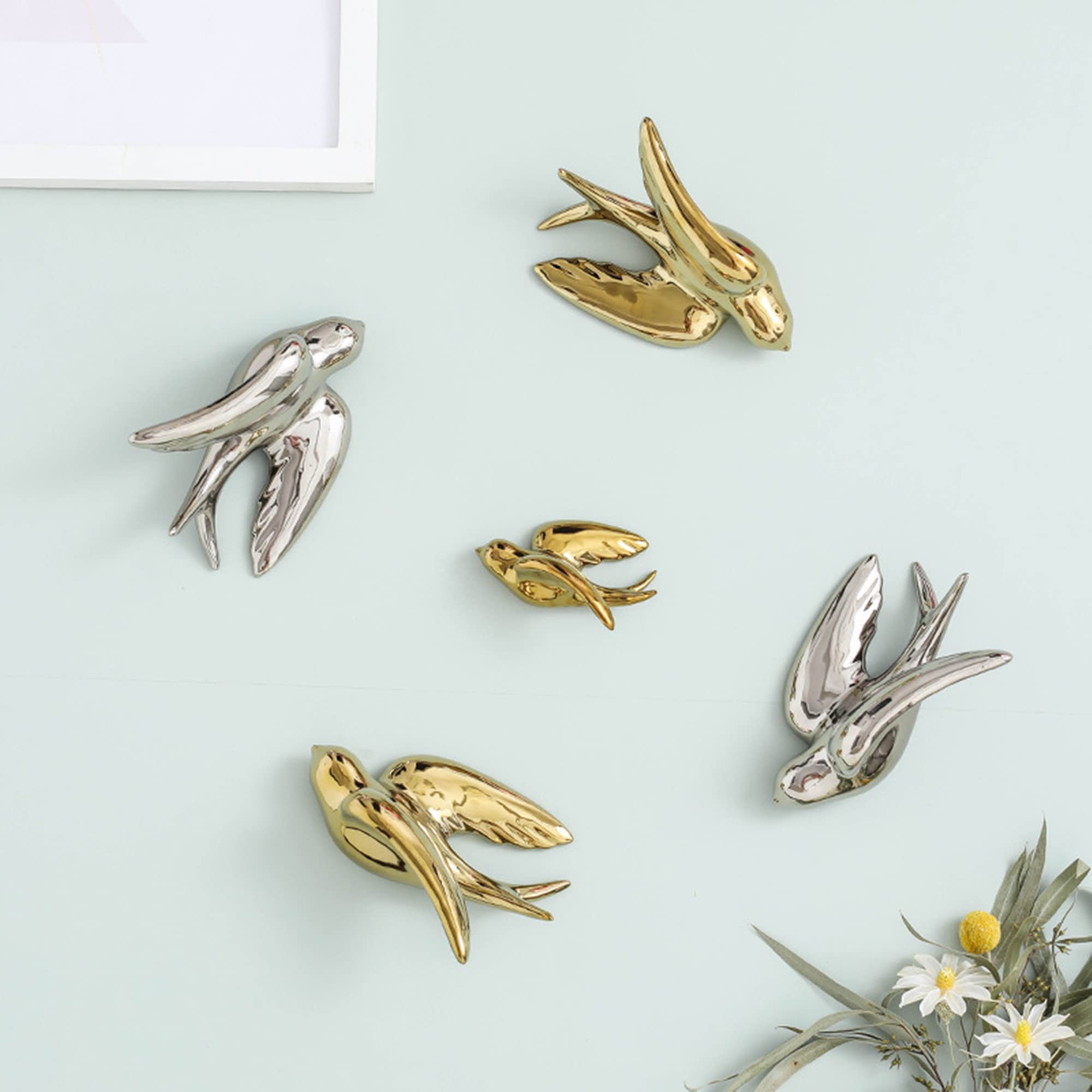 Dekoracje ścienne 3D, Ceramiczna dekoracja ścienna 3D z jaskółkami i wróblami do salonu(Silver Right,16.5L x 12.5W cm)