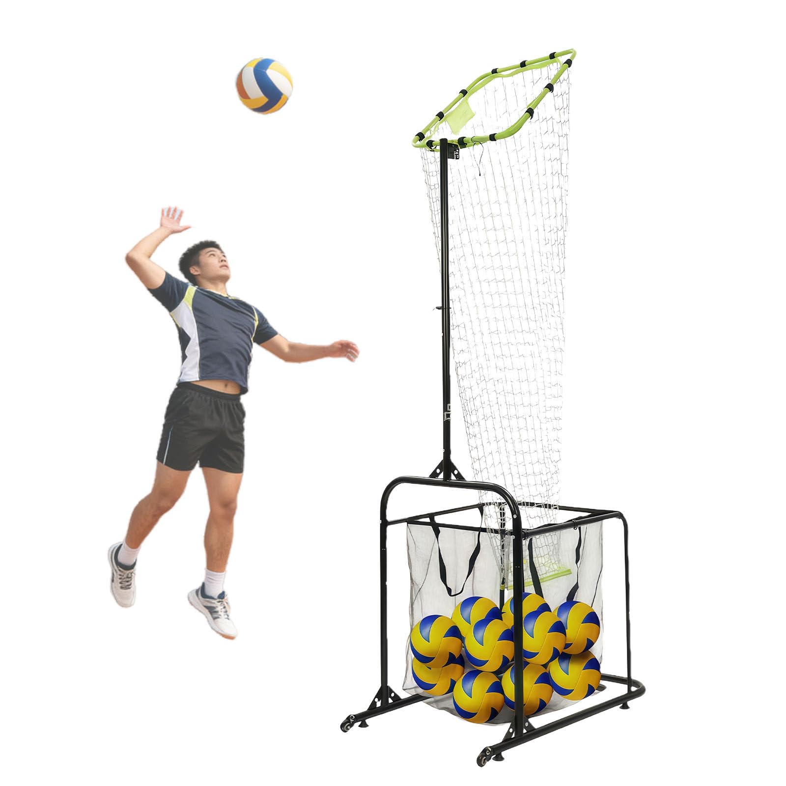 Rete per Allenamento Pallavolo con Carrello Portatile con Ruote, Attrezzatura per Allenamento Pallavolo con 5 Opzioni di Altezza E Regolazione Dell'angolazione del Canestro