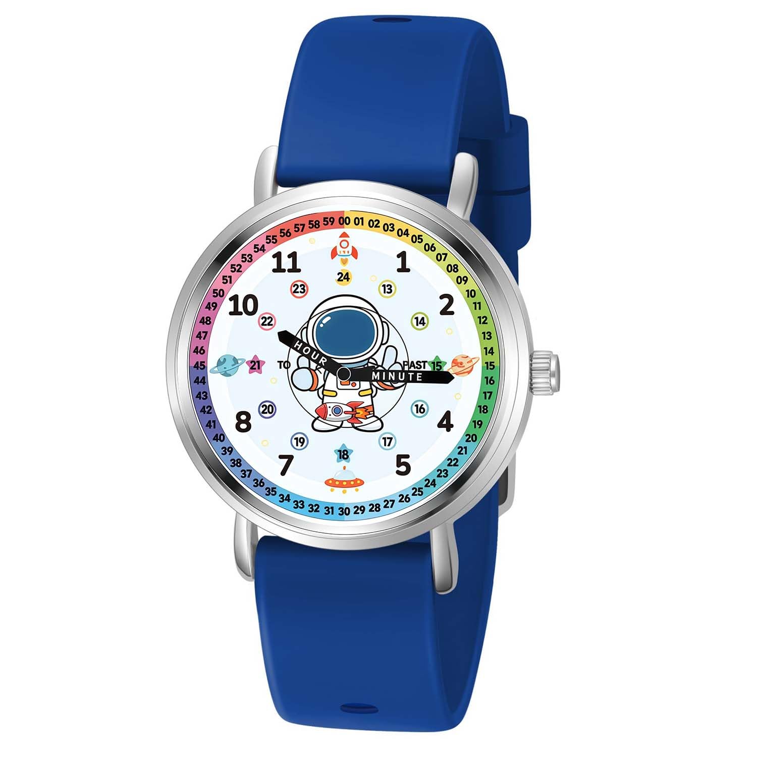 Reloj para niños – Relojes analógicos de tiempo de enseñanza para niños de 7 a 10 años, niños y niñas de 8 a 12 años, herramienta de aprendizaje de astronautas, cuarzo, correa azul marino