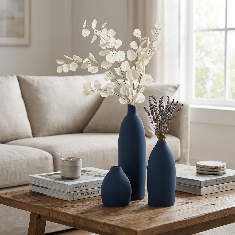 Keramik Vase 3er Set - Moderne Dekorative Vasen, Kleine Blumen Keramik Vase Sets, Boho Bauernhaus Rustikale Vasen für Wohnzimmer, Küche, Schlafzimmer, Badezimmer, Regal, Tisch (Blau)
