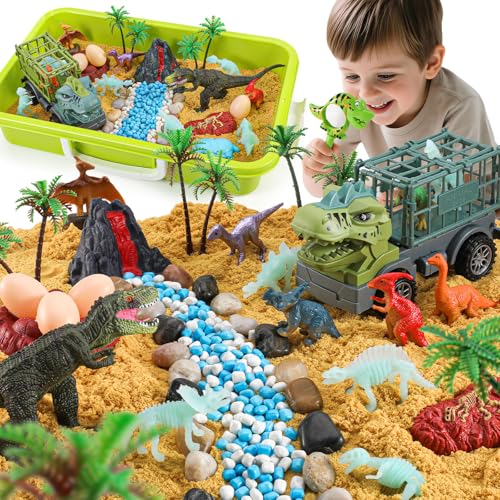 FRUSE Sable Magique de Dinosaure, Jouets Sensoriels avec Sable Sensoriels,Dinosaure Jouet, Dino Loupe de Jeu, Dinosaures Phosphorescents, Bac a Sable avec...