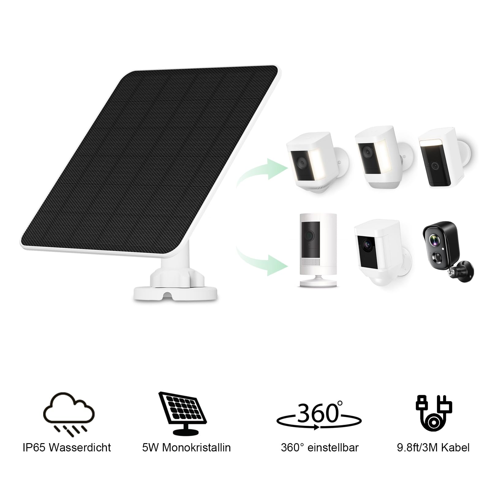 Solarpanel für Ring Kamera, 5W Kamera solarpanel Ladegerät für Ring Stick Up Cam/Pro Batterie, Spotlight Cam/Plus/Pro, Wyze Batterie Cam Pro, Solar für Kamera mit 9.8ft Kabel, 3 Pack