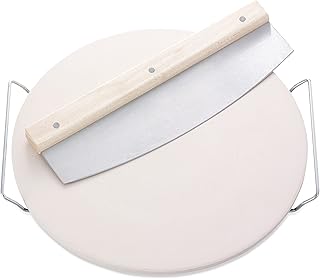 Leifheit Kamień do pizzy do piekarnika, łącznie z tasakiem, nóż do pizzy, idealny do tart i pizzy, kamień do pizzy o średnicy 33 cm do chrupiących podłóg, okrągły kamień do pieczenia