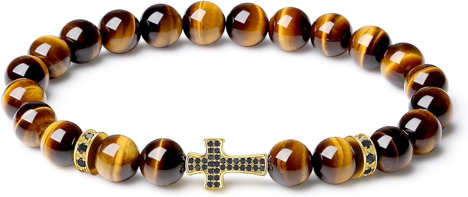 EDMIRIA Cubic Zircon CZ Cross Jewelry Stone Beaded Bracelet | Religious Jewelry for Protection and Strength | Cross Bracelet | Cross Charm Adjustable Handmade Bracelet (Tiger Eye) (B0D6RKMHFK) Amazon Price History, Amazon Price Tracker