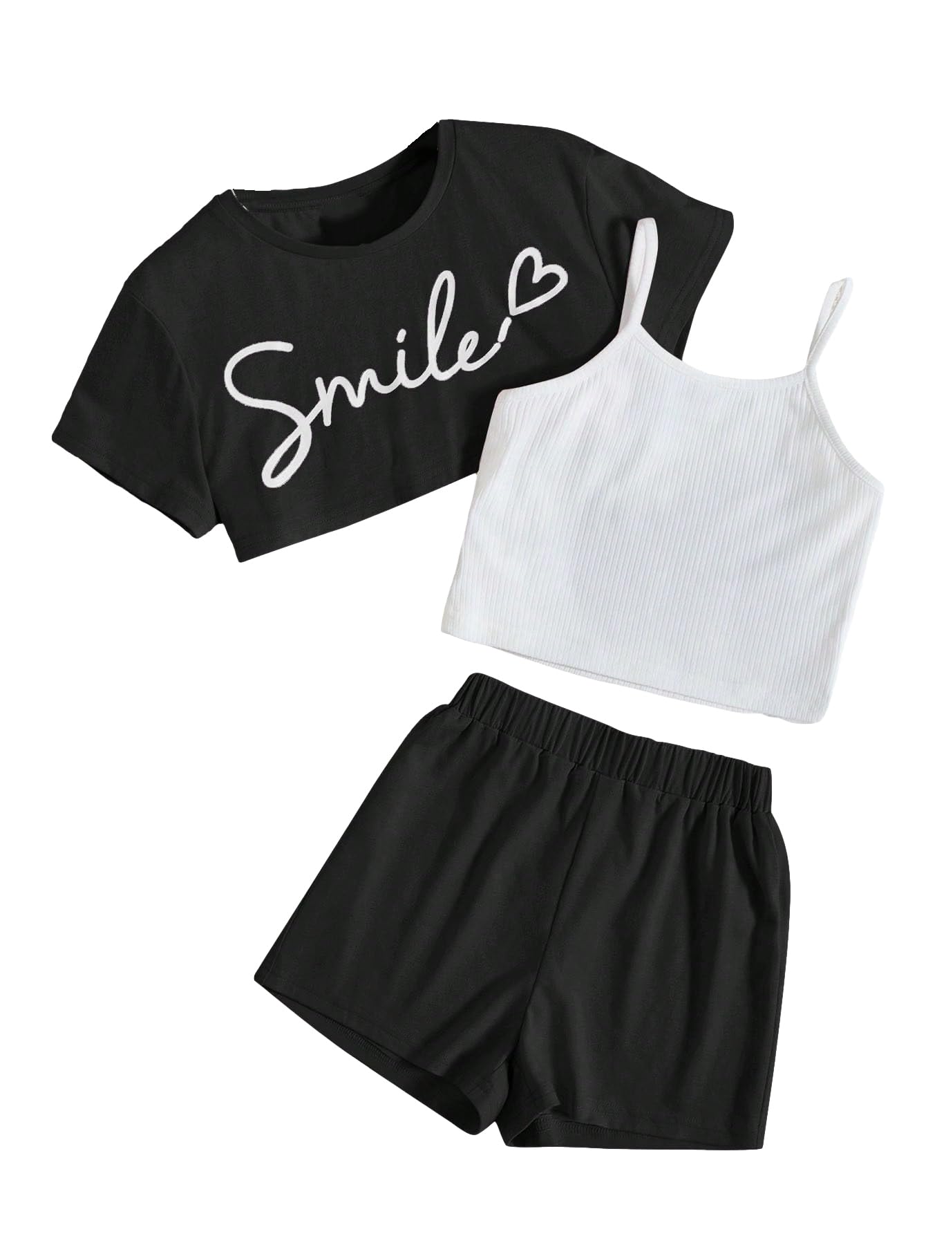 OYOANGLEGirl's 3 Pieces Summer Outfits Graphic Print Crop Tee Top and Cami Top with Shorts Set