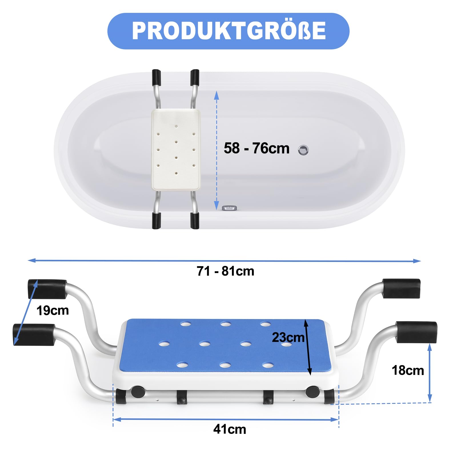 Asiento de bañera para personas mayores con acolchado de EVA azul, asiento de ducha antideslizante para bañera, diseño de alto contraste, ancho ajustable en 2 niveles (71/81 cm), aluminio, soporta