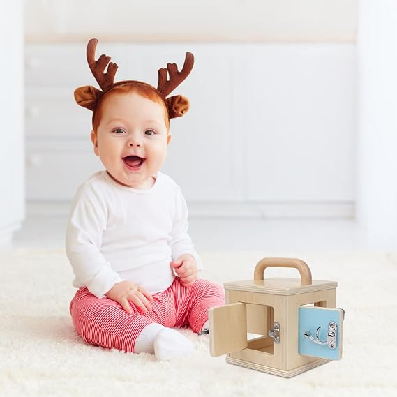 Montessori Wooden Lock Box with 4 Doors Fine Motor Skills Activity Board for Toddlers 1-4, Problem Solving Toy with Different Lock Mechanisms, Natural Beech Wood Educational Gift
