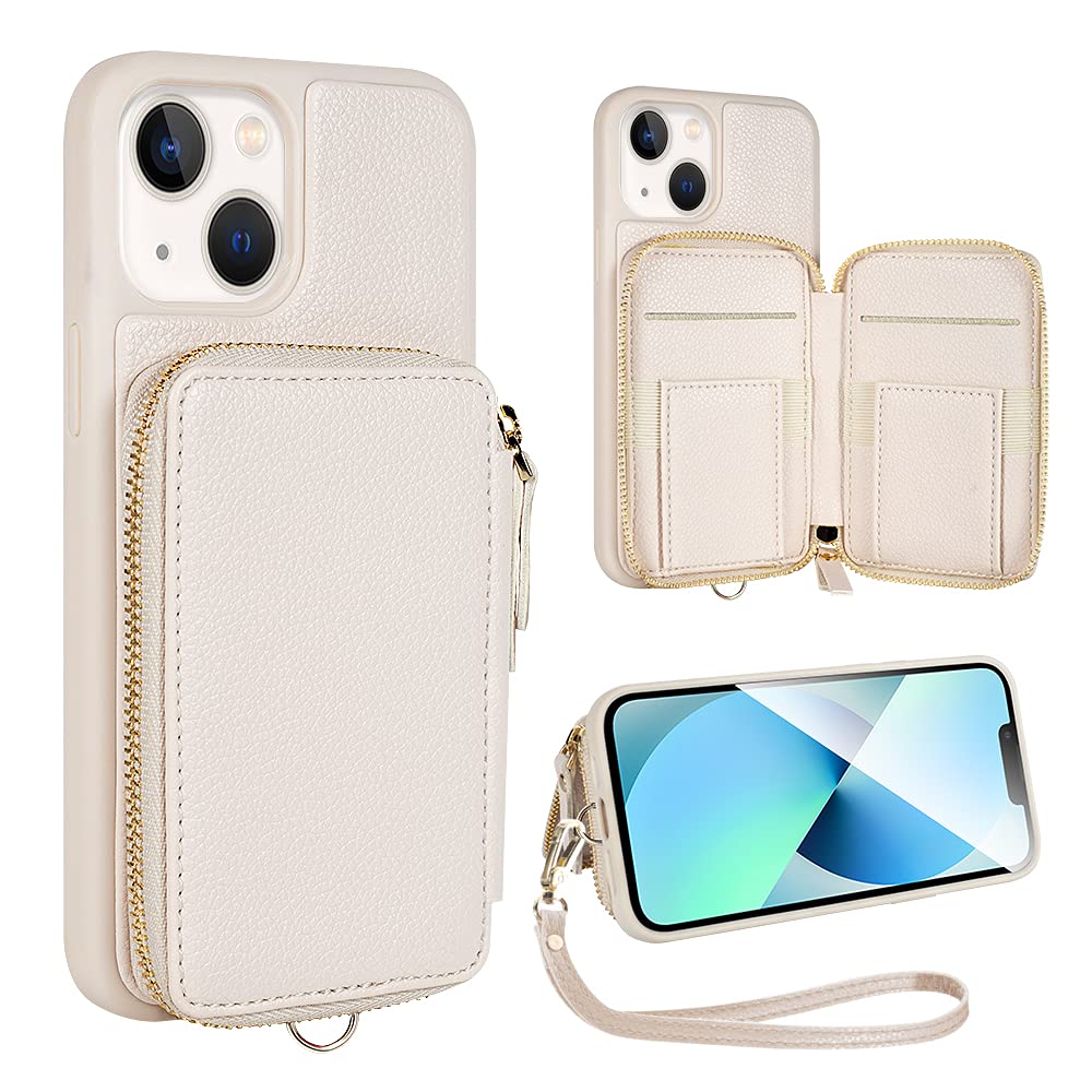 ZVE for iPhone 13 Wallet Case with Credit Card Holder, Zipper RFID Blocking Leather Case with Wrist Strap, Handbag Case Purse Cover for Women for iPhone 13 6.1" (2021) - Beige