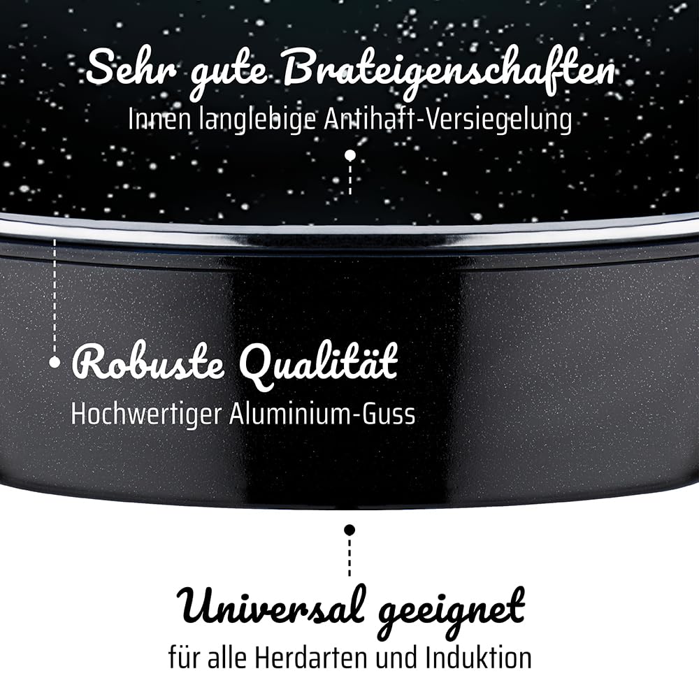 GSW 410588 Gourmet Ceramica Induktion Bräter XXL oval mit Aroma-Glasdeckel 10 L, Aluguss, schwarz gesprenkelt, 42 cm 4 Einheiten