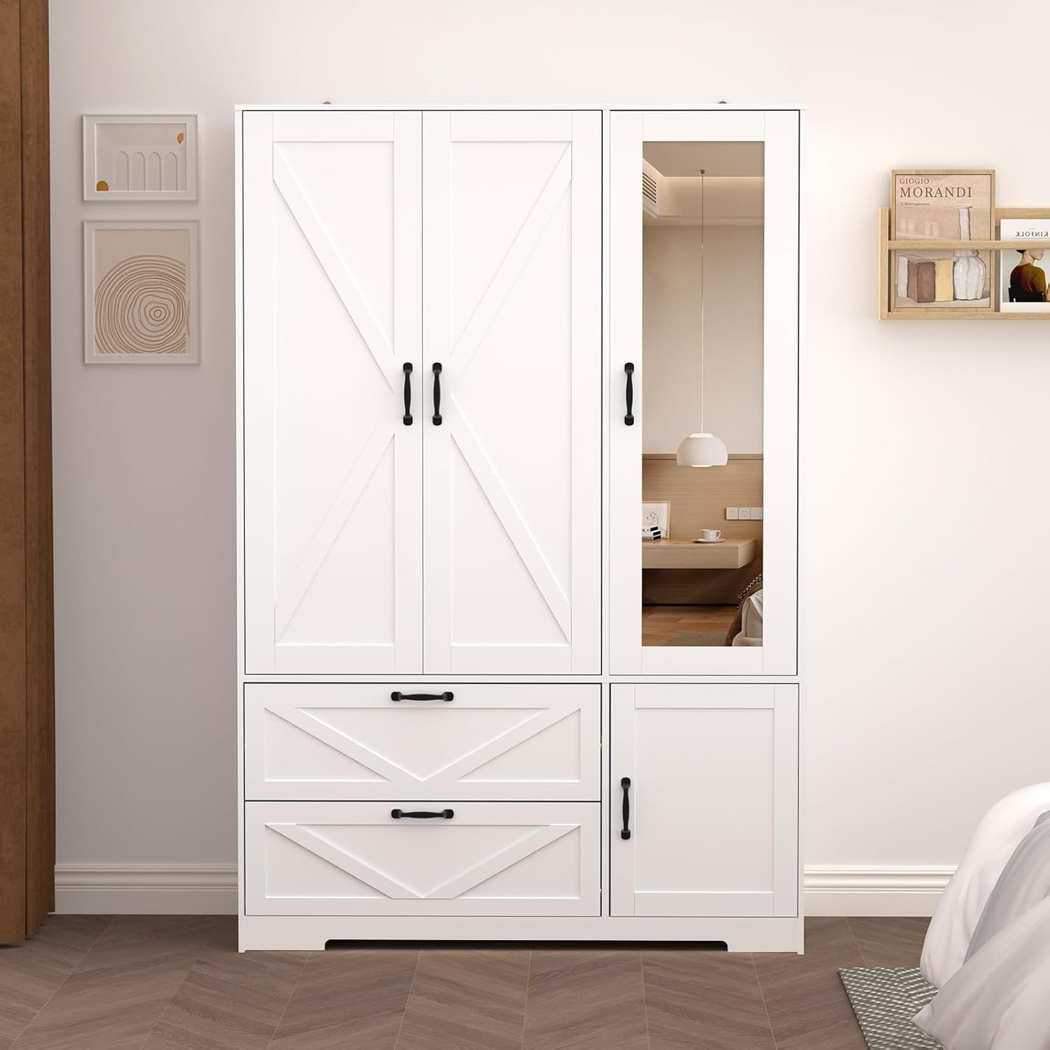 Armoire Wardrobe Closet with Mirror Door and LED Lights,3 Doors Farmhouse Bedroom Armoire with Drawers,Large Capacity Freestanding Armoire with Hanging Rod,Adjustable Shelves and Hooks(White