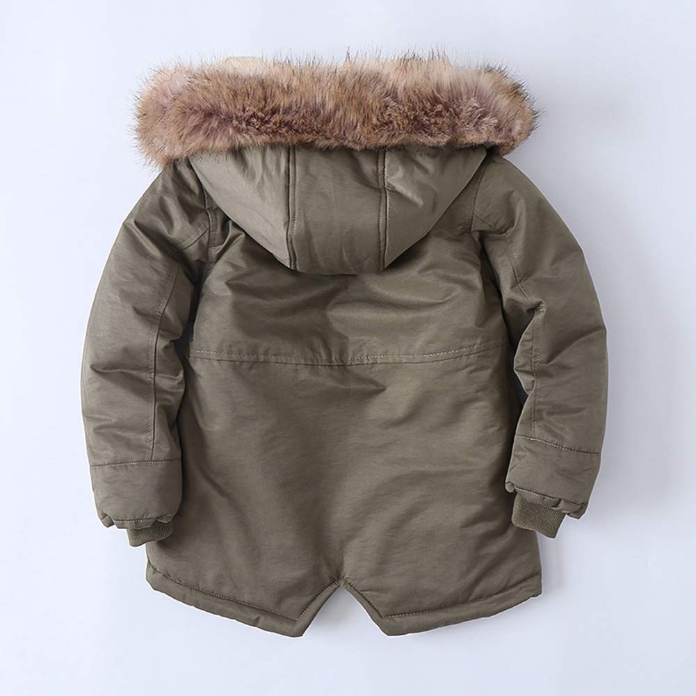 Chaqueta de Invierno Ropa Cazadora para Niños, Resistente al Viento, con Capucha, de Forro Polar Grueso, para Exteriores, de Algodón, Cuello de Piel, Monocolor, Verde, 152/158 cm