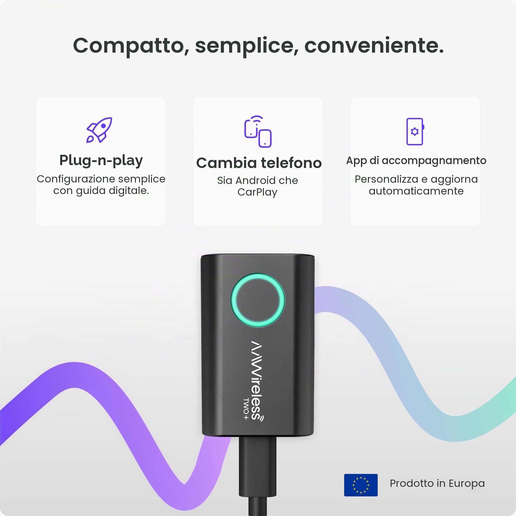 AAWireless Two+ Android Auto e Apple Carplay 2 in 1 - Connessione wireless tramite Bluetooth e WiFi - Adatto per iOS 10+ e Android 11+ - Pulsante multifunzione - Prodotto in Europa