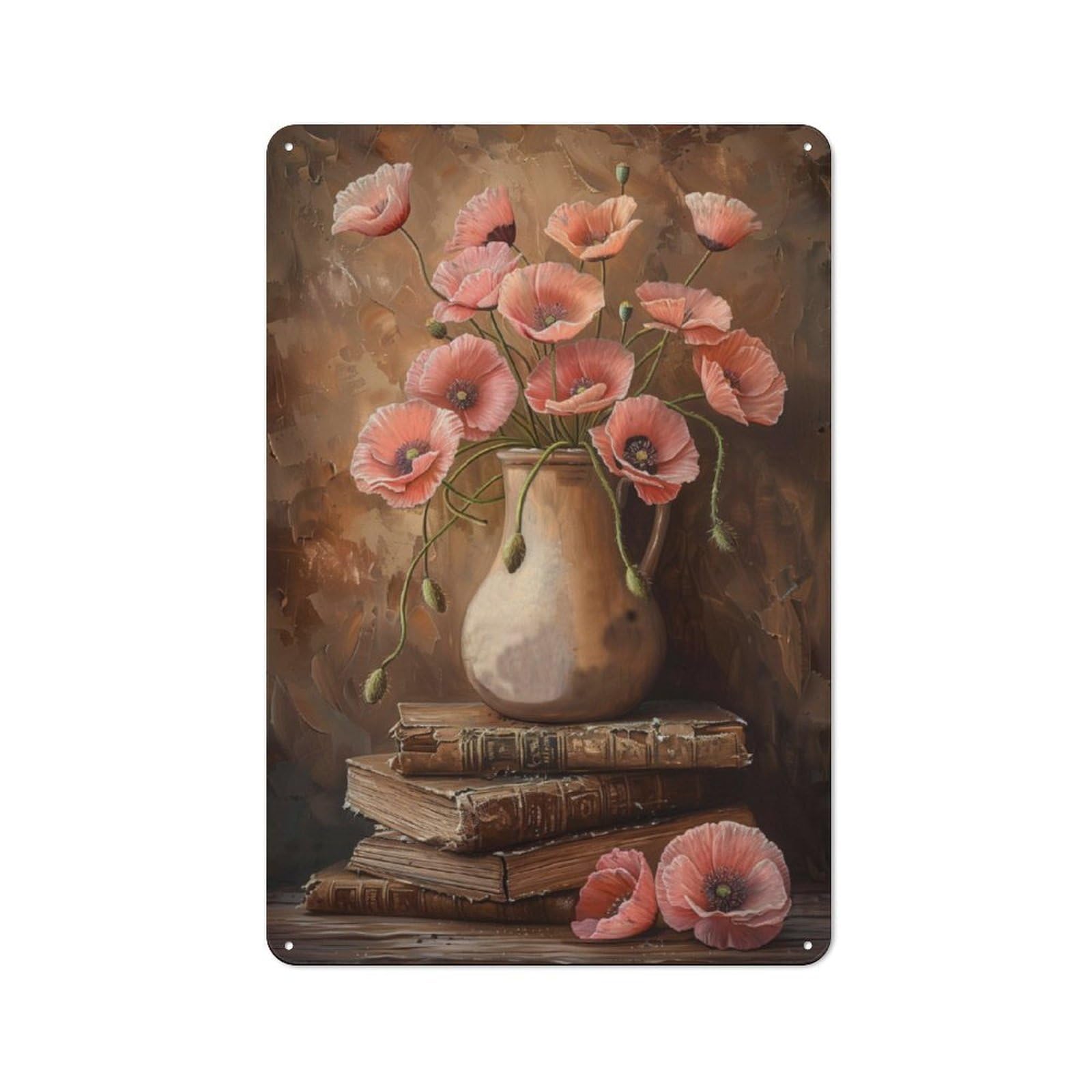 Junmoney Pink Poppy Flowers Rustic Metal Sign 30X20cm For Hallway Wall, For Collectors Of Rustic Metal Wall Decor