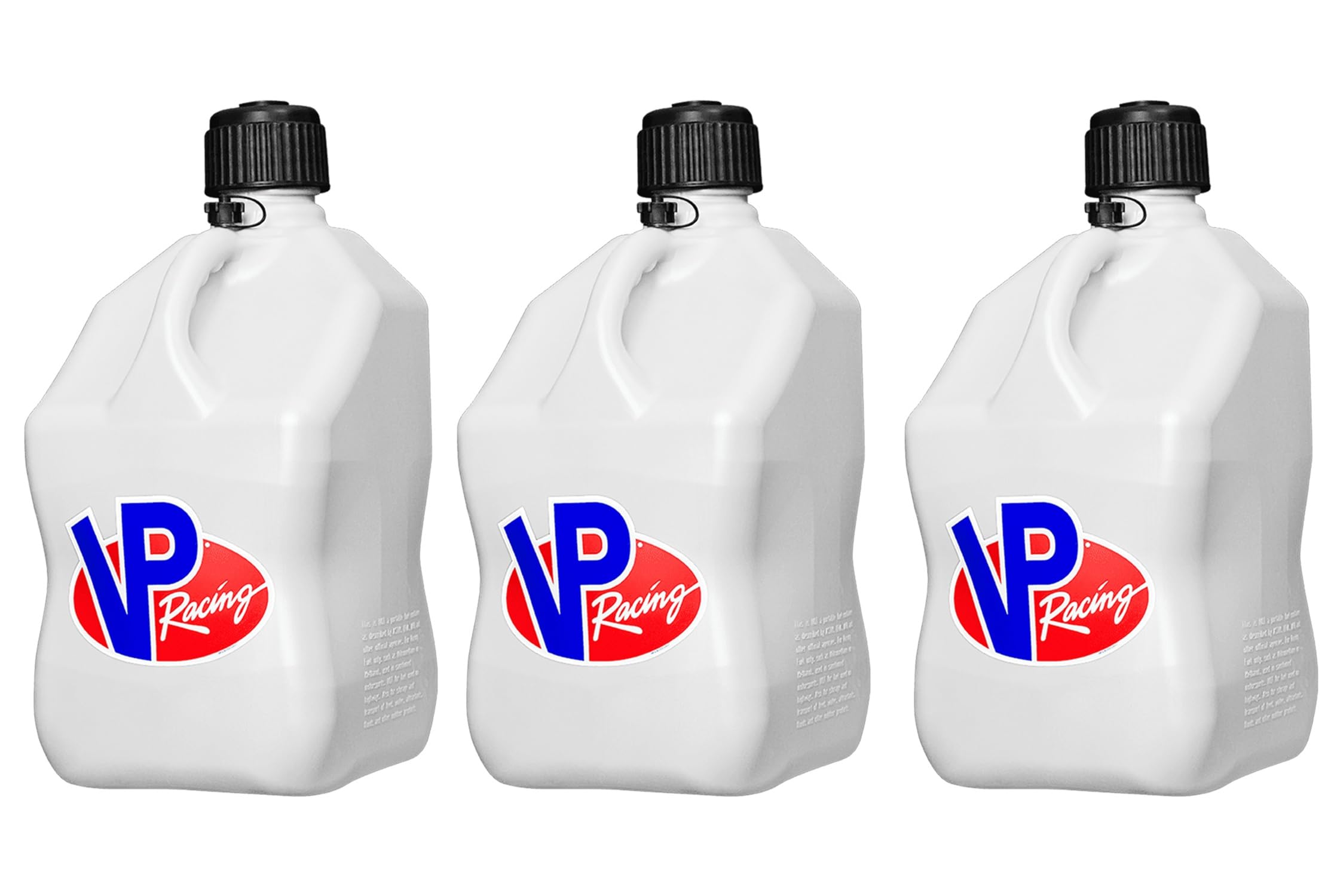 VP Racing Motorsport 5.5 Gallon Square Even-Density Plastic Utility Jug White (3 Pack). Features a Close-Trimmed Cap and Neck for Tighter Seal