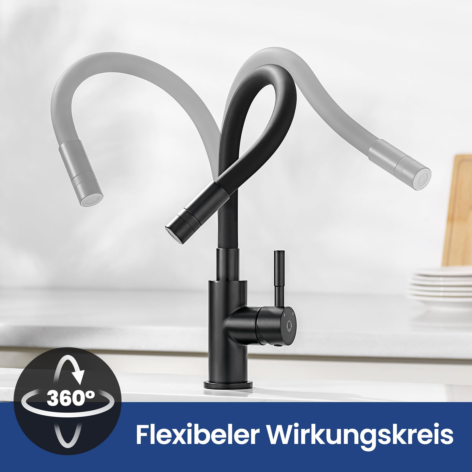 CECIPA Robinet Cuisine Noir Flexible Avec 2 Types de Jets, Mitigeur Rabattable, Eau Chaude et Froide, Pivotant à 360°