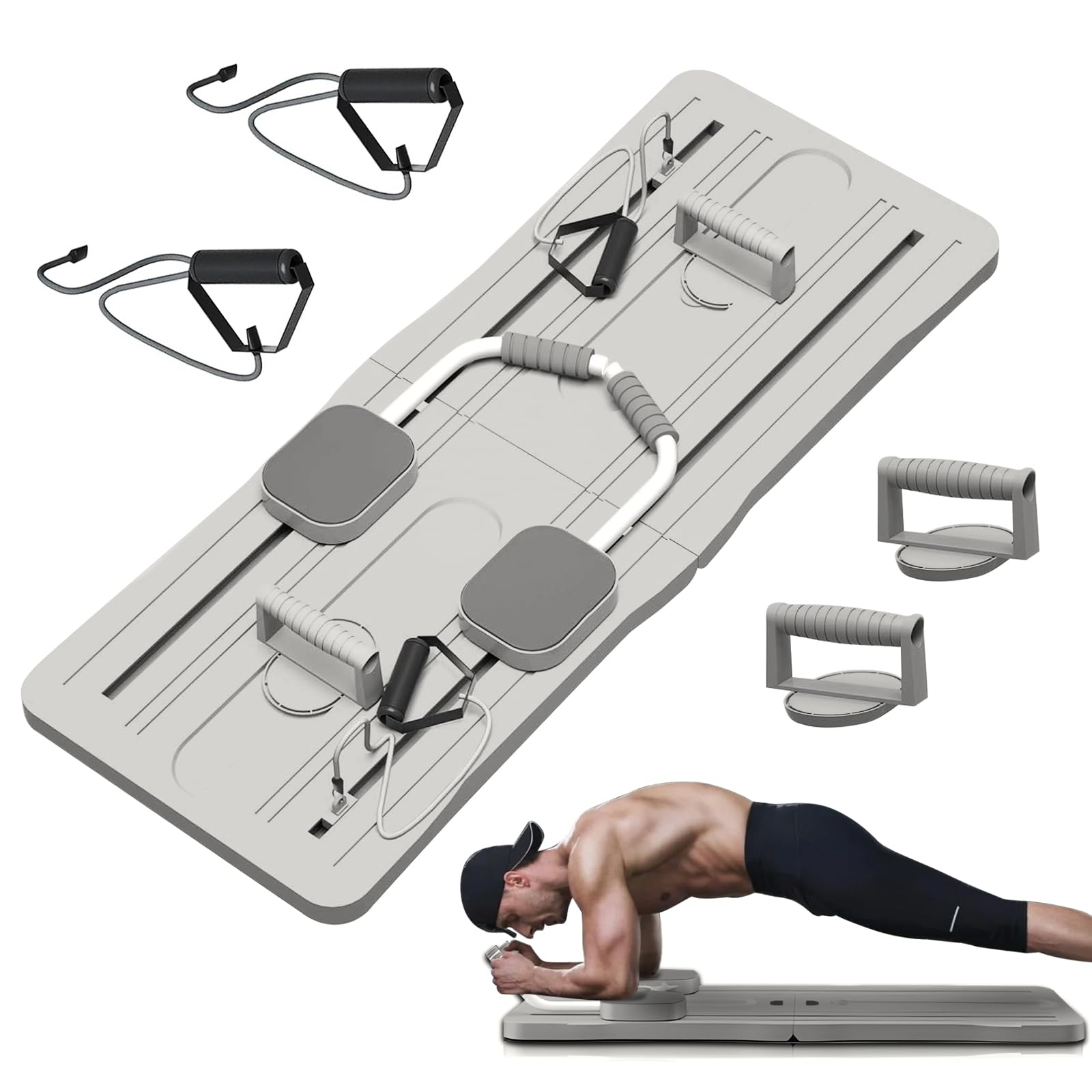 Multi-Functional Ab Exercise Board, Ab Roller Exercise Machine with Resistance Band, High Strength Pilates Equipment Portable Fitness Board (Patent Code:6418973) (Gray)