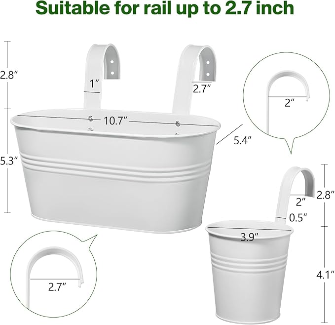 The 5 Pcs Hanging Planter Railing Planter Box is a set of five metal iron window boxes designed for outdoor plants. The planters are a sleek matte white color, making them a stylish addition to any balcony or fence. The planters have detachable hooks, allowing for easy installation and repositioning as desired.