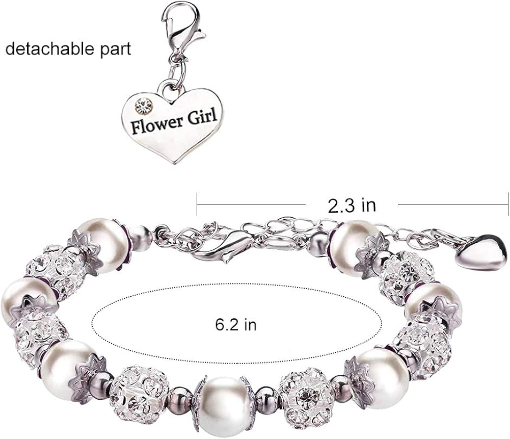 Flower Girl Bracelet Wedding Party Charm Heart Pendant Rhinestone Crystal Balls Faux Pearls Gift Jewelry: Clothing, Shoes & Jewelry