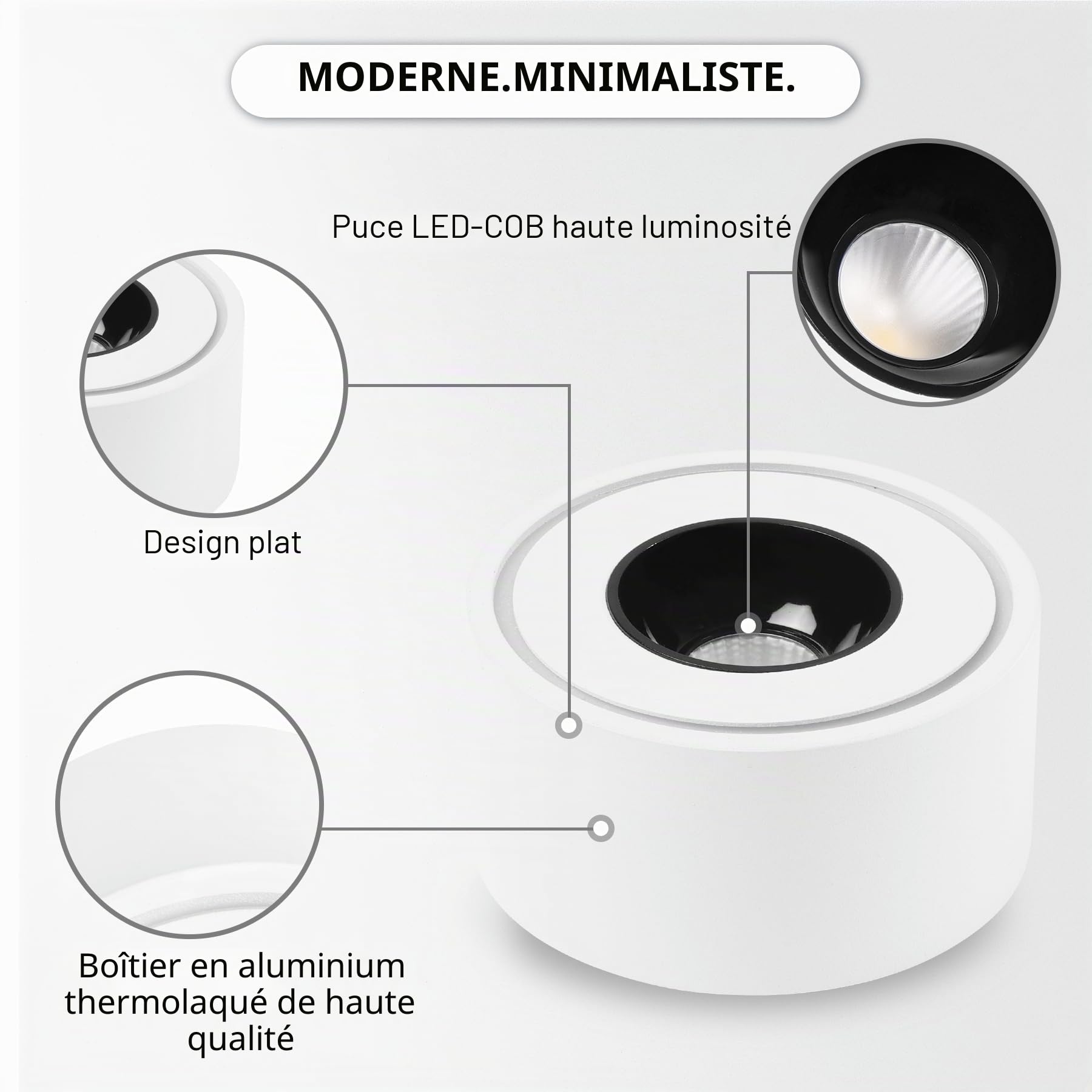 Lot de 4 spots LED en saillie - Extra plats - Diamètre : 97 x 55 mm - 8 W - 1680 lm - 4000 K - Blanc neutre - Rond - 230 V - Spot de plafond en aluminium - Montage en saillie