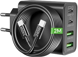 65W USB C Charger, 4-Port GaN Power Supply PD/PPS Multiple Fast Charger Laptop Charger with Type-C 2M Charging Cable for M…